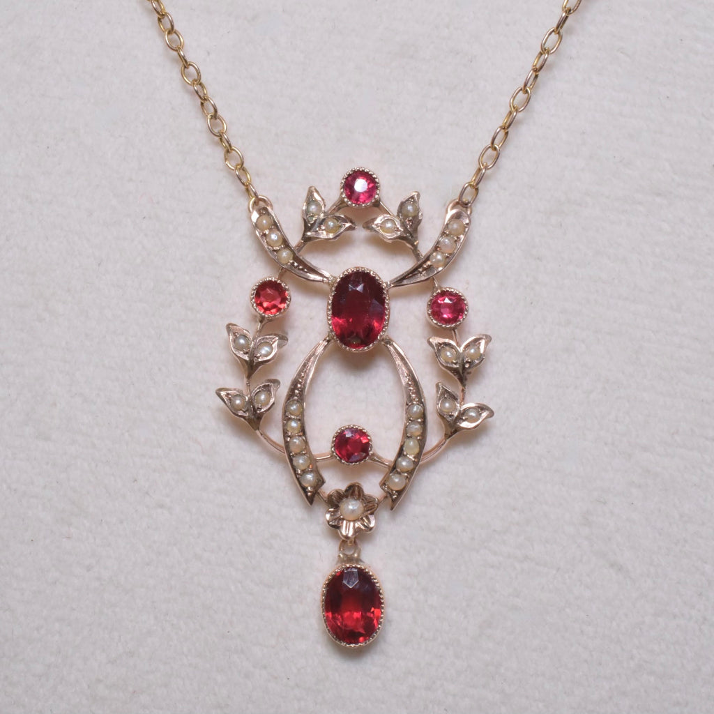 Antique Edwardian 9ct Rose Gold Garnet And Seed Pearl Lavaliere - Circa 1910’s
