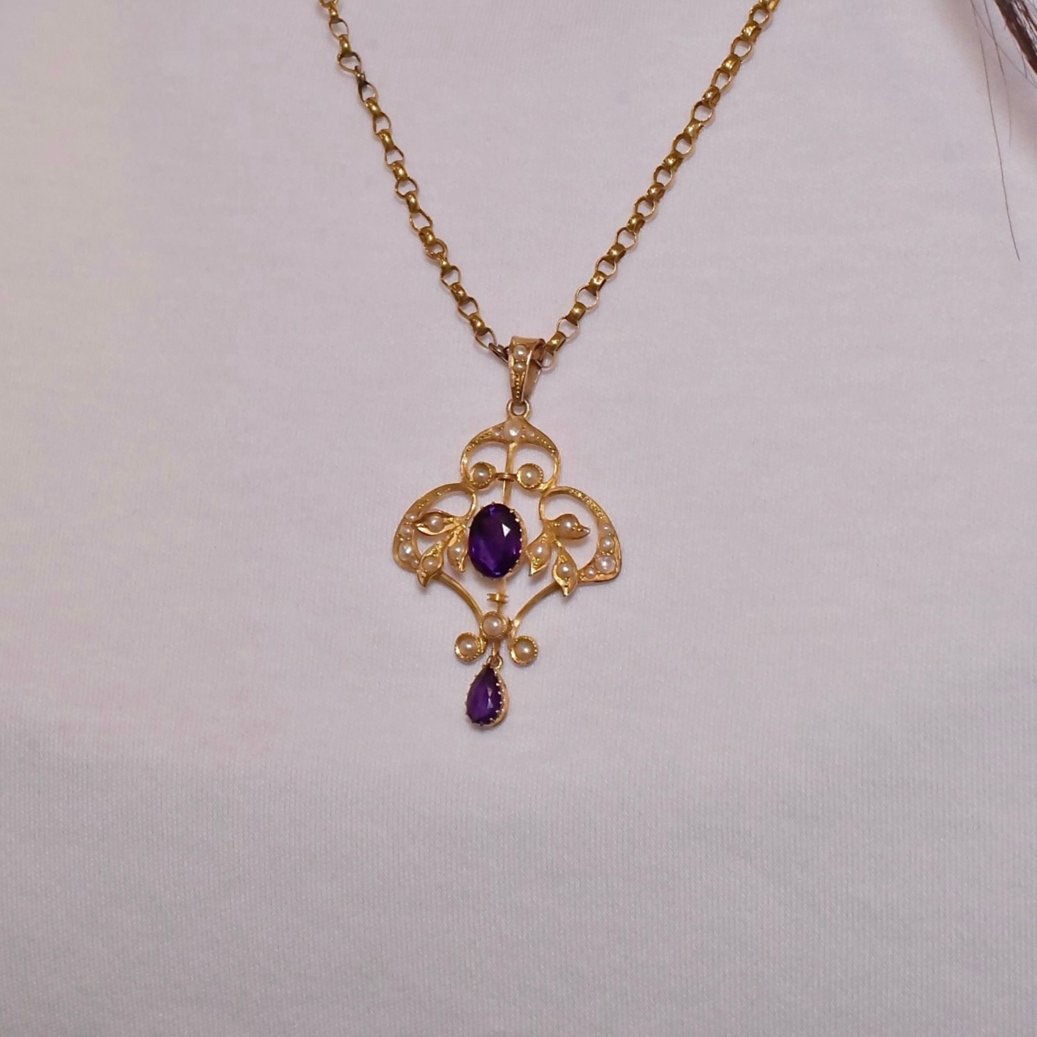 Antique Edwardian 9ct Yellow Gold Amethyst And Seed Pearl Pendant Circa 1910