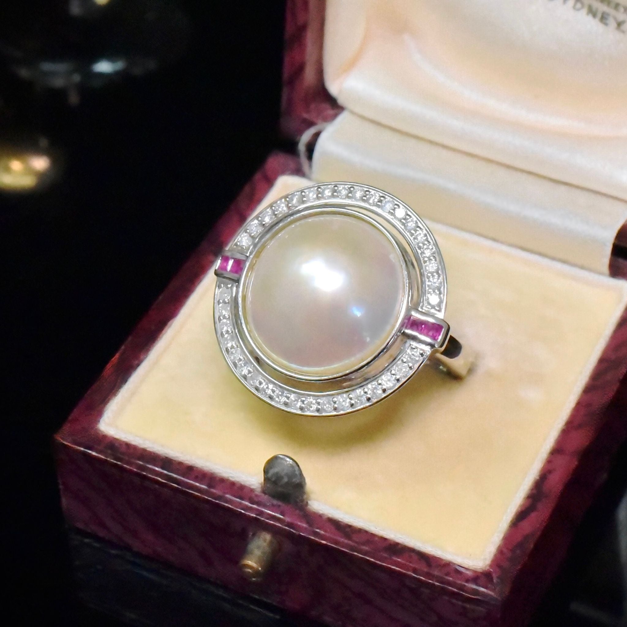 Superb 14ct White Gold Art Deco Inspired, South Sea Mabe Pearl, Diamond And Ruby Ring Independent Valuation Included For $10,000 AUD