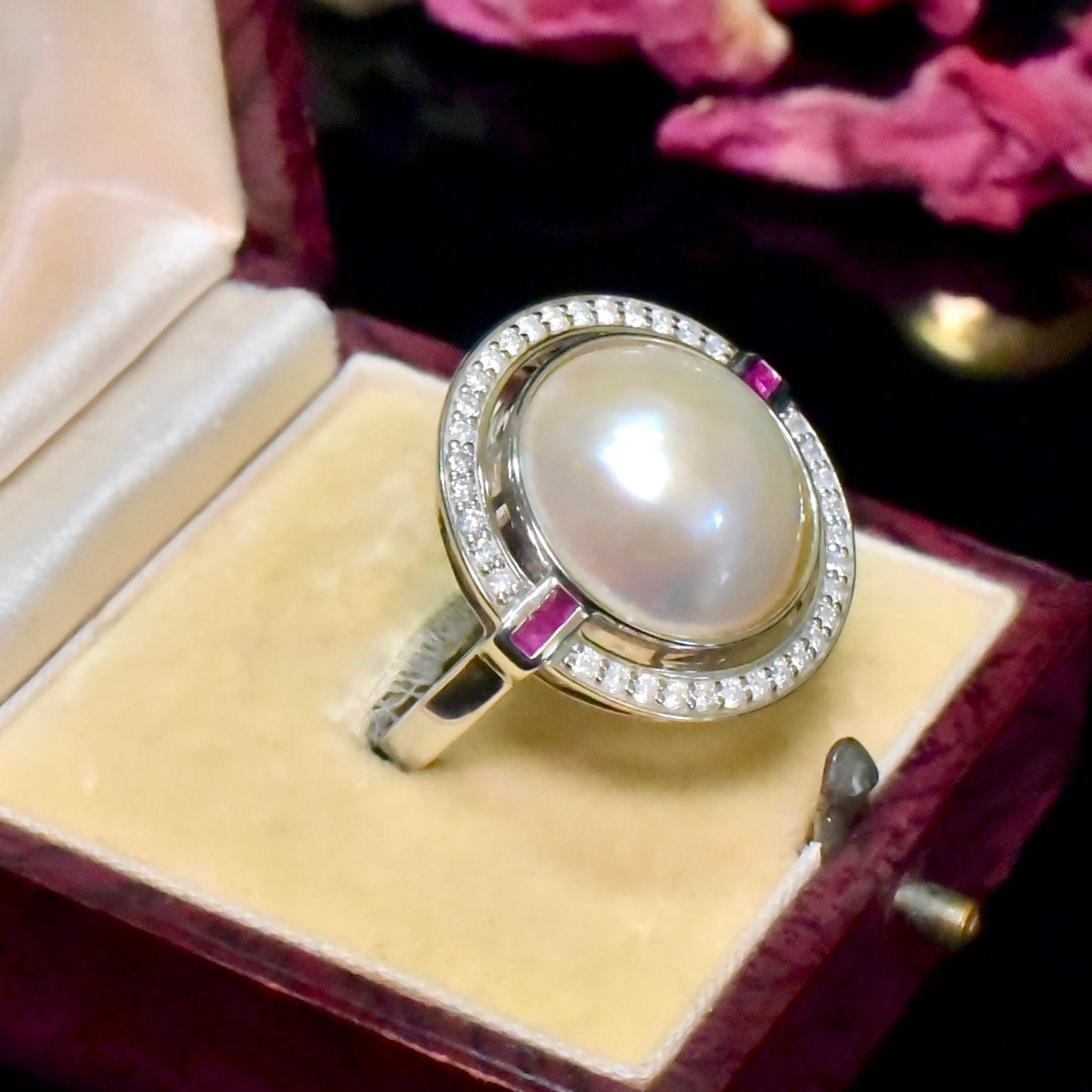 Superb 14ct White Gold Art Deco Inspired, South Sea Mabe Pearl, Diamond And Ruby Ring Independent Valuation Included For $10,000 AUD