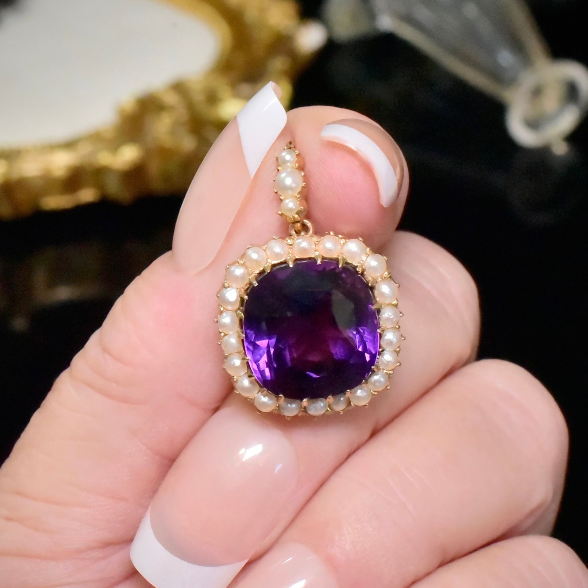 Superb Antique Victorian 15ct Yellow Gold 9.4ct ‘Siberian’ Amethyst And Half Seed Pearl Pendant - Circa 1890’s