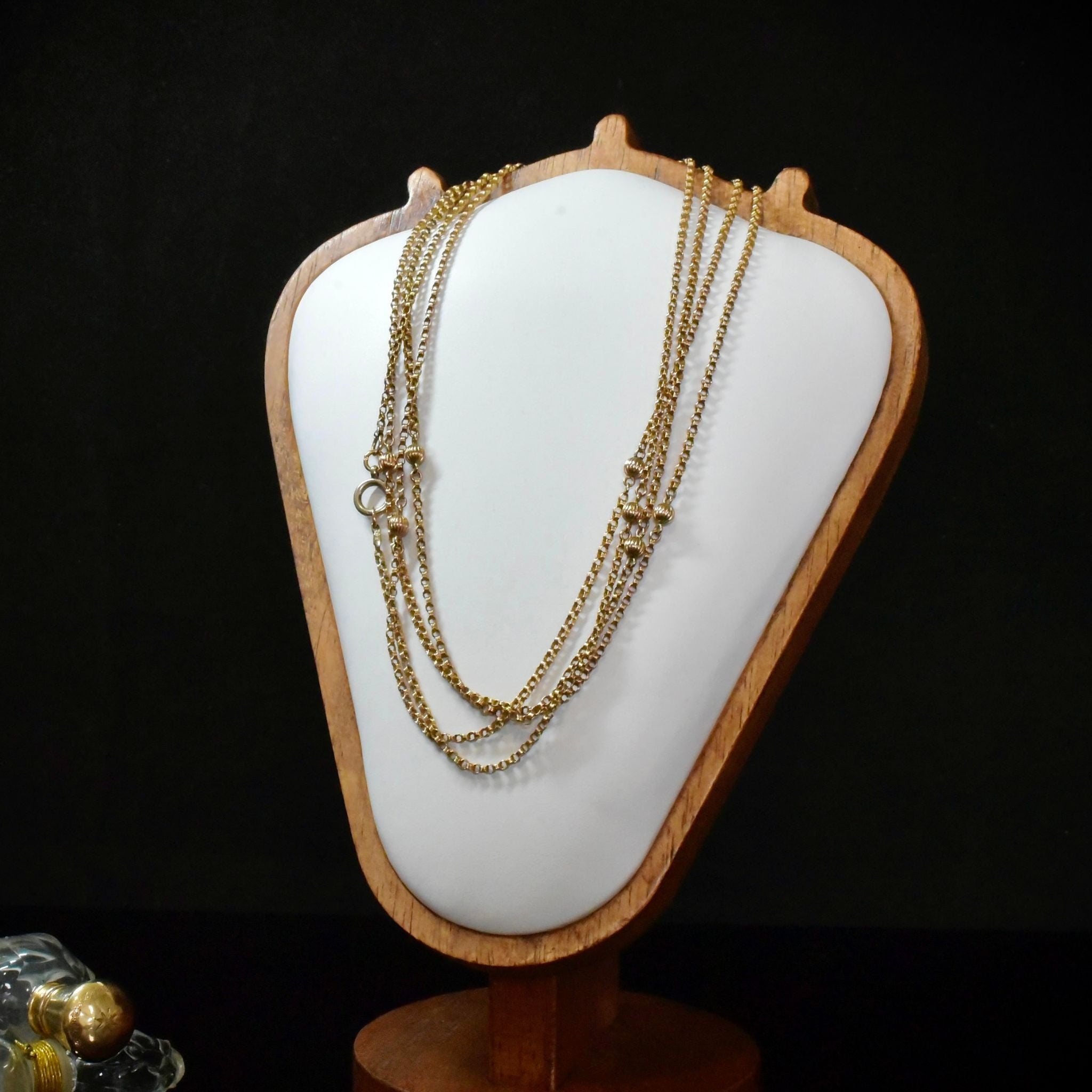 Antique Late Victorian/Early Edwardian 9ct Rose Gold Ball Motif Long Guard Chain