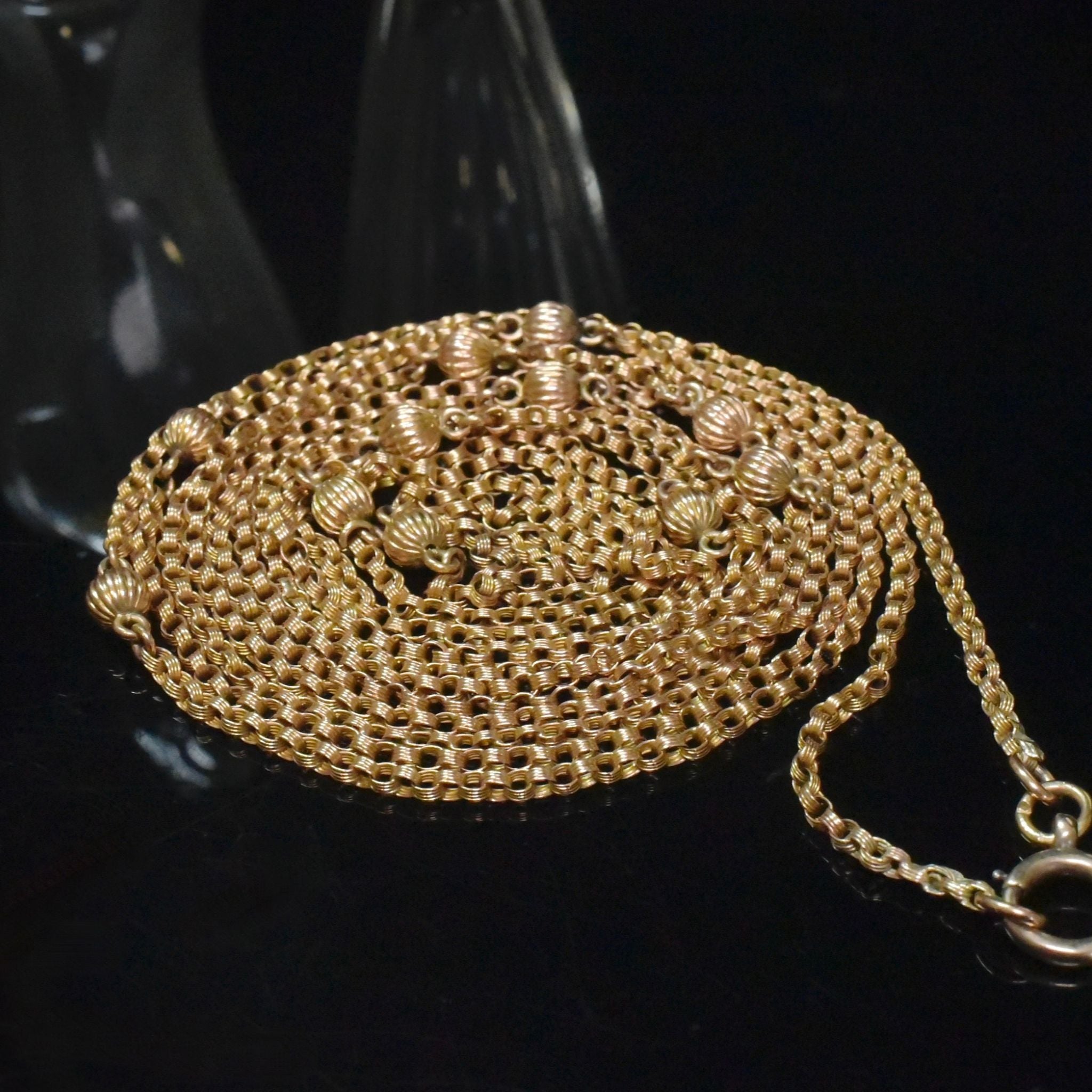Antique Late Victorian/Early Edwardian 9ct Rose Gold Ball Motif Long Guard Chain