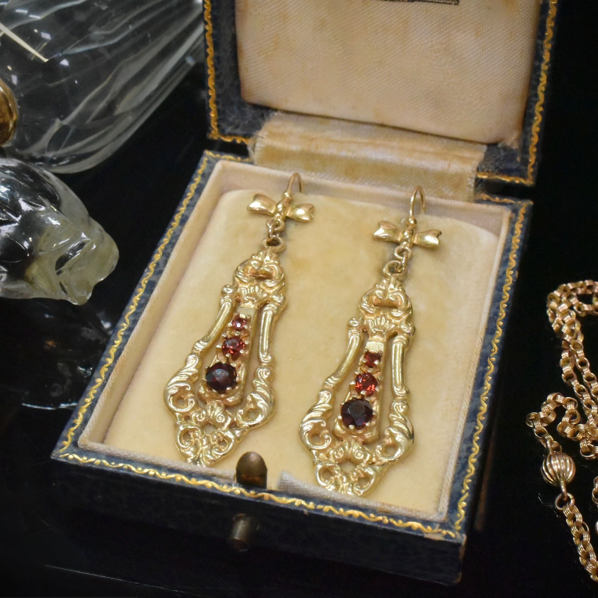 Antique Style Contemporary 9ct Yellow Gold Garnet Drop Earrings