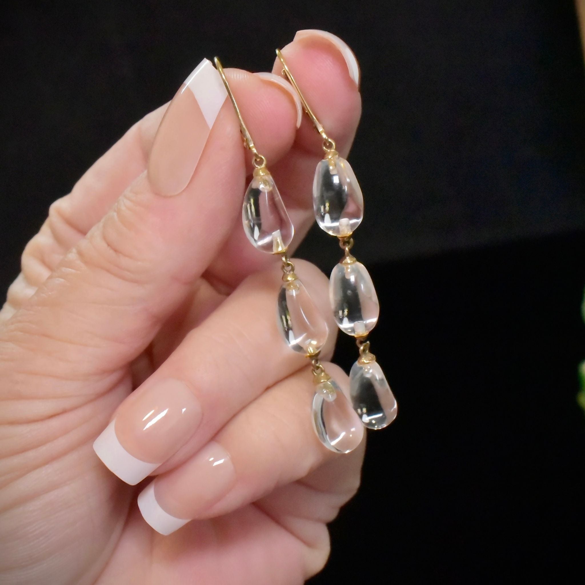 Vintage 9ct Yellow Gold Lever Back Rock Crystal Drop Earrings