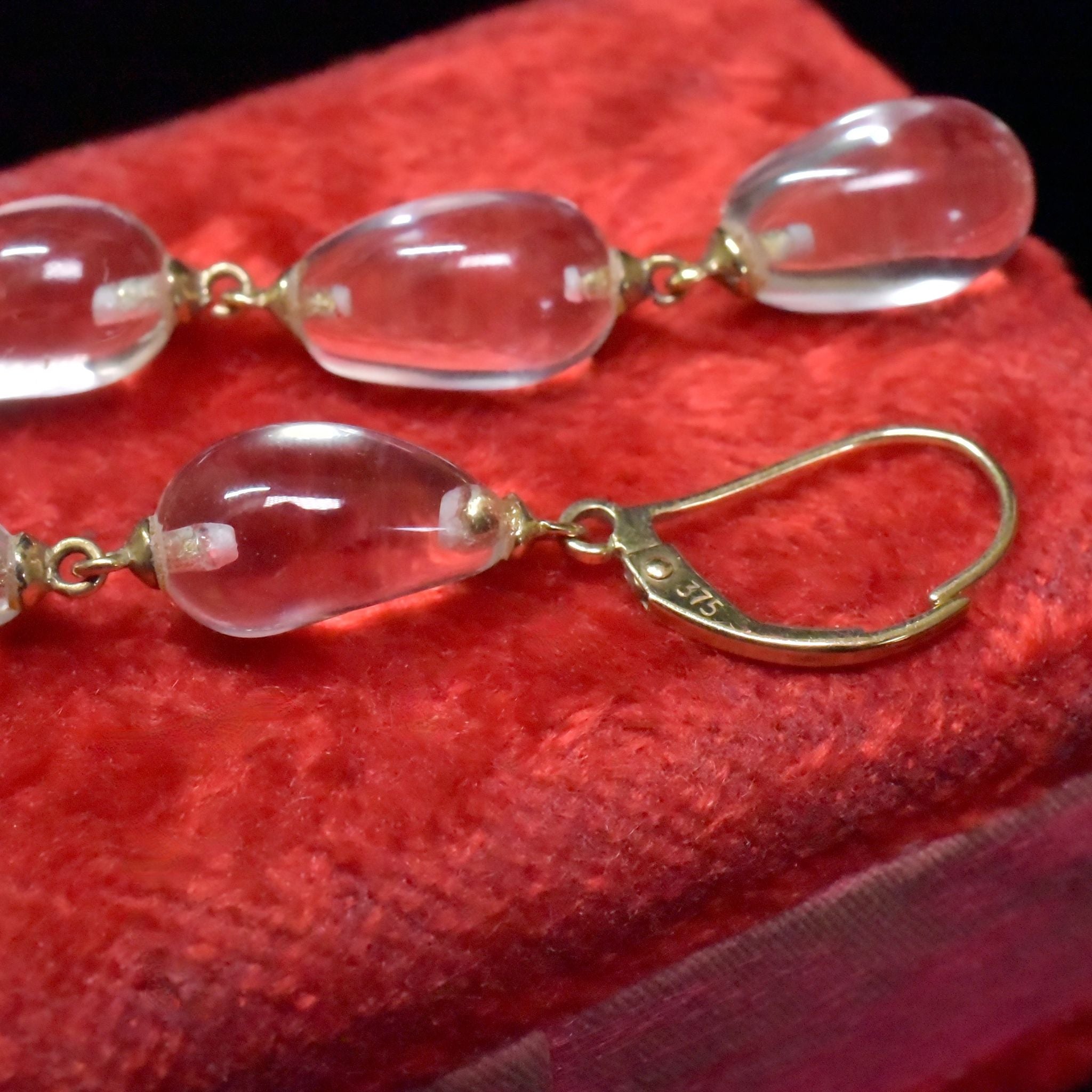 Vintage 9ct Yellow Gold Lever Back Rock Crystal Drop Earrings