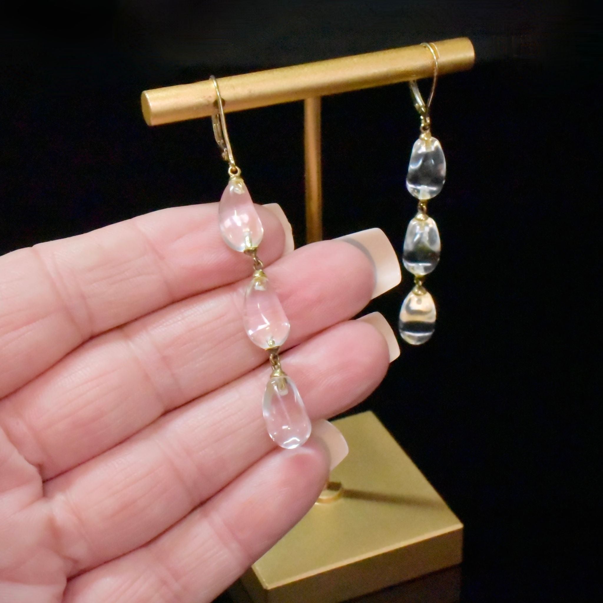 Vintage 9ct Yellow Gold Lever Back Rock Crystal Drop Earrings