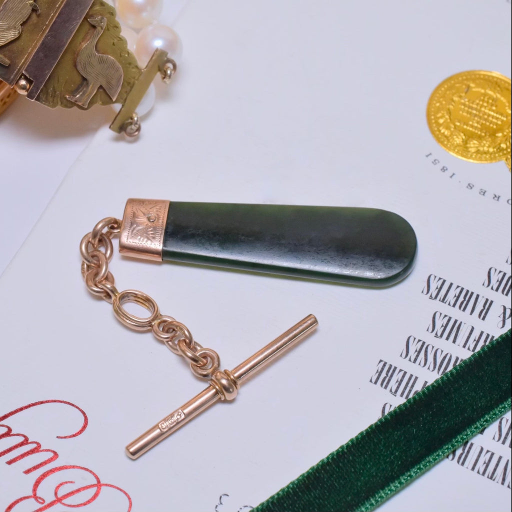 Antique Edwardian Australian 9ct Rose Gold And Nephrite Jade Fob Pendant - Circa 1910