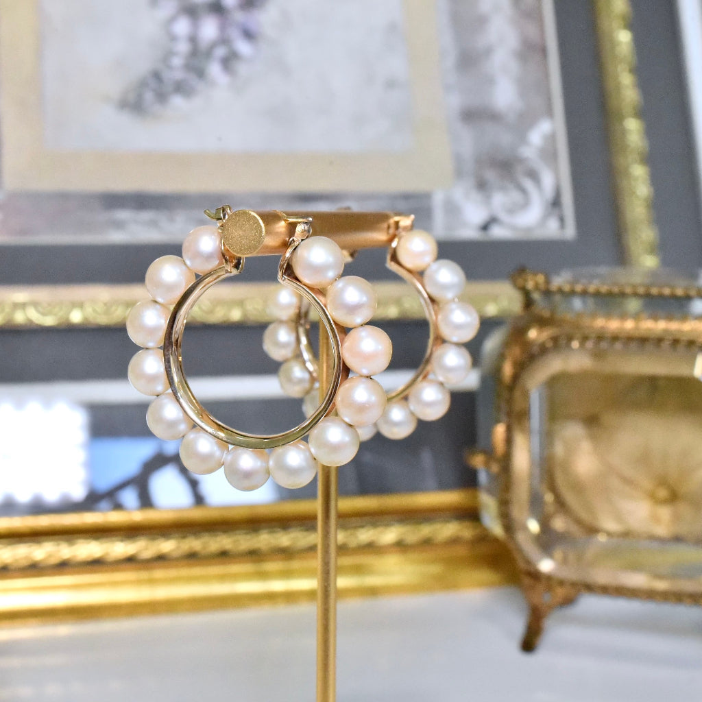 Superb Contemporary 14ct Rose Gold Pearl Hoop Earrings - 18 Grams