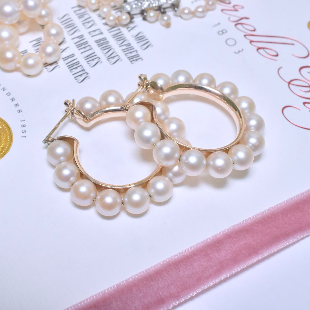 Superb Contemporary 14ct Rose Gold Pearl Hoop Earrings - 18 Grams