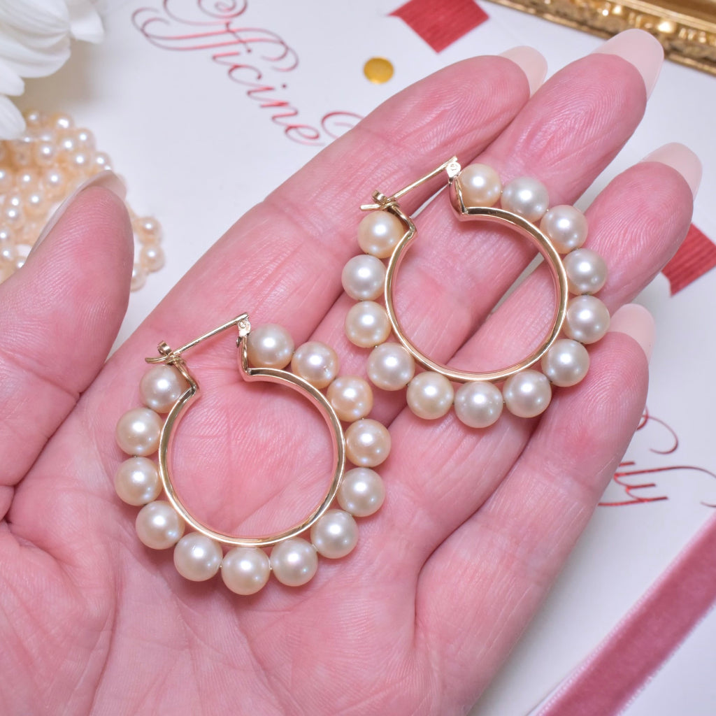 Superb Contemporary 14ct Rose Gold Pearl Hoop Earrings - 18 Grams