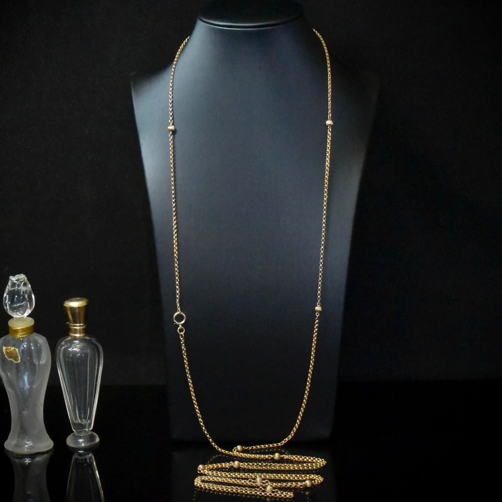 Antique Late Victorian/Early Edwardian 9ct Rose Gold Ball Motif Long Guard Chain