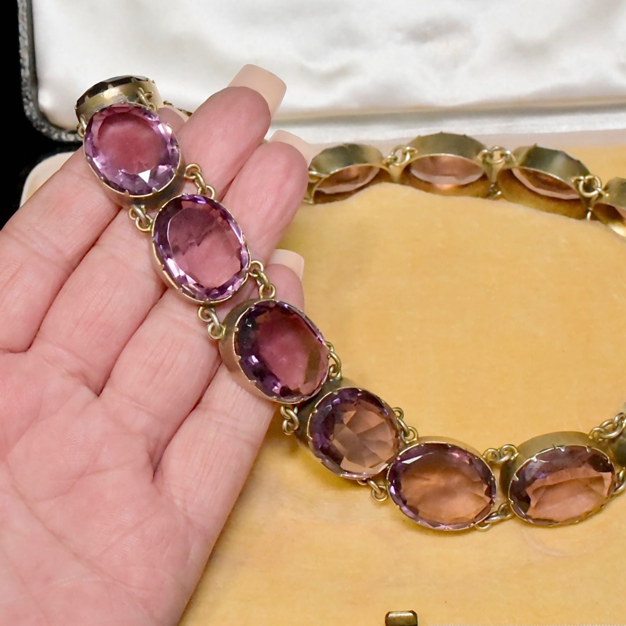 Fabulous Art Deco Era Silver Gilt Amethyst Glass Rivieré With Original Box - Circa 1930-40’s