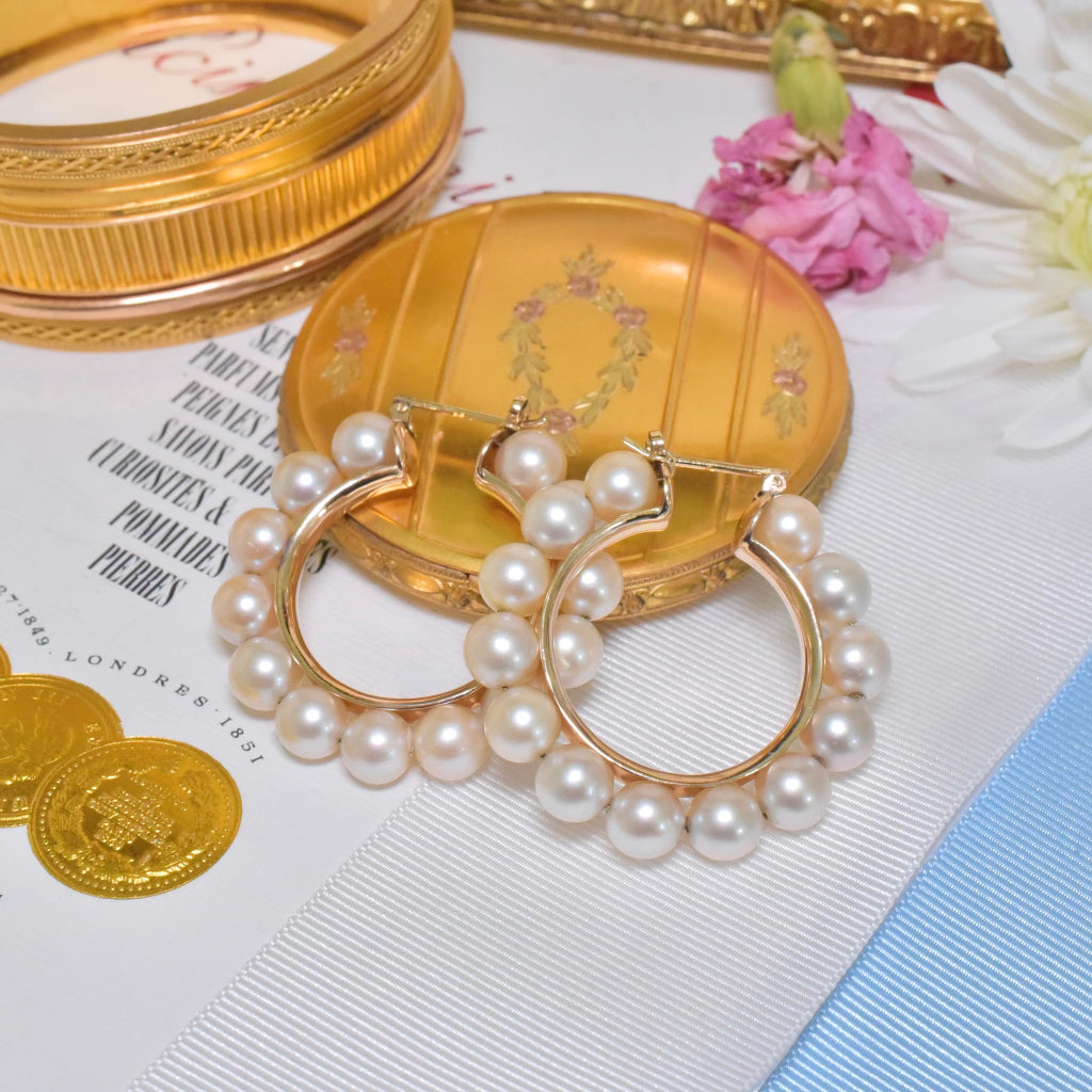 Superb Contemporary 14ct Rose Gold Pearl Hoop Earrings - 18 Grams