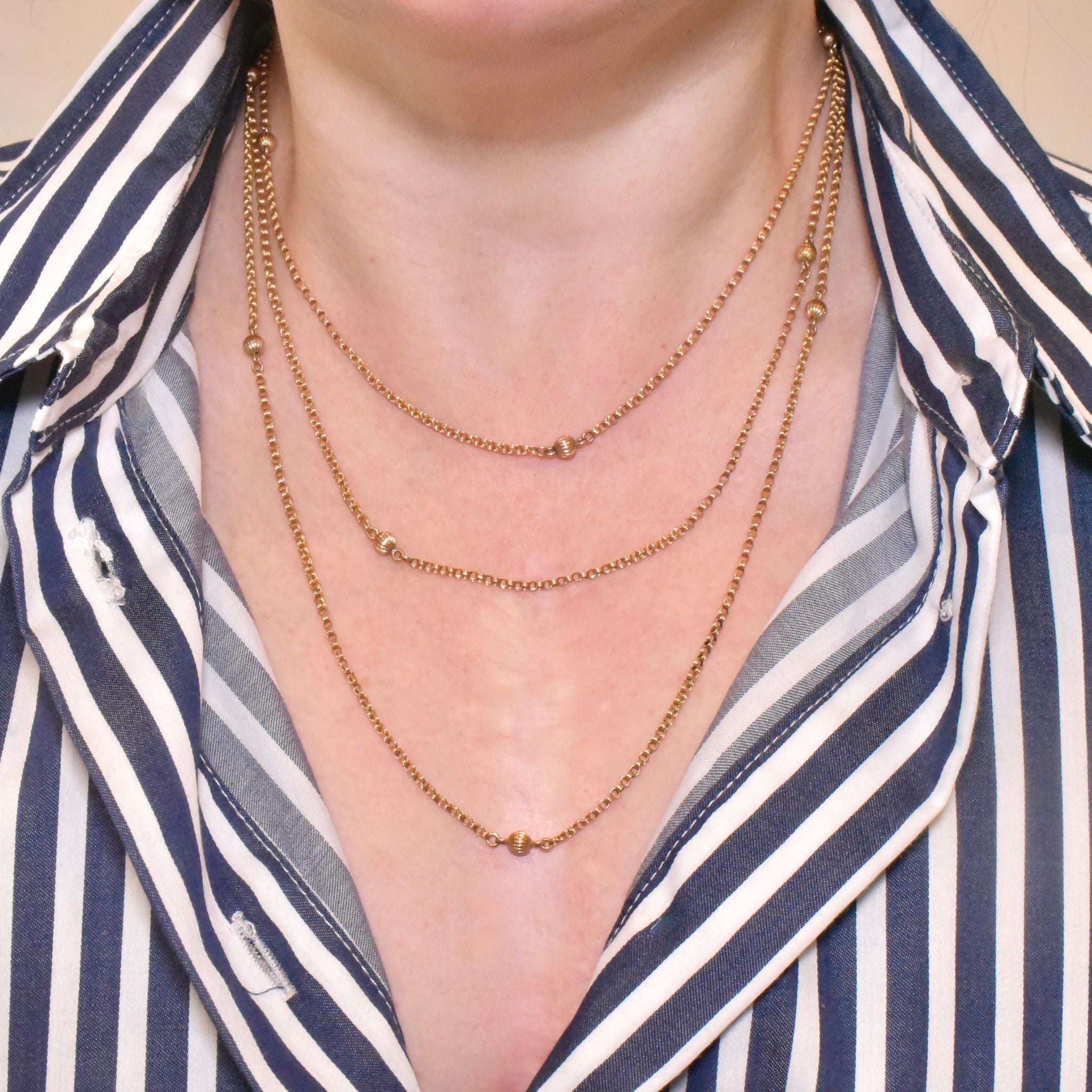 Antique Late Victorian/Early Edwardian 9ct Rose Gold Ball Motif Long Guard Chain