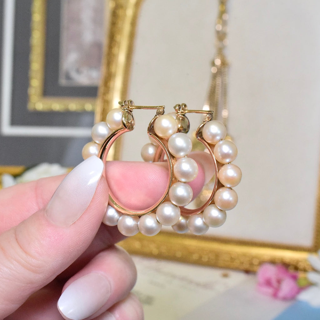 Superb Contemporary 14ct Rose Gold Pearl Hoop Earrings - 18 Grams