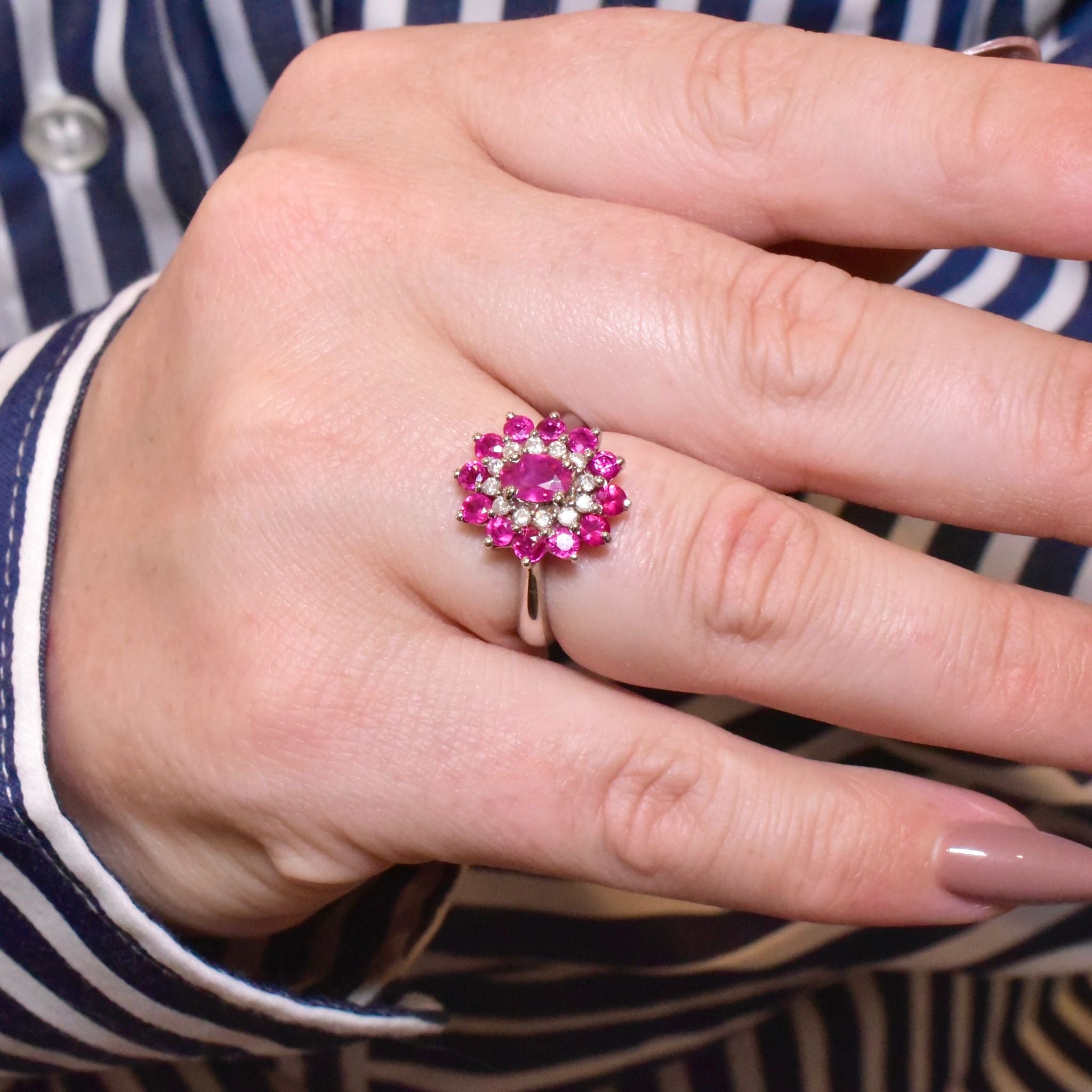 Fabulous 18ct White Gold Ruby And Diamond Daisy Halo Cluster Ring Included In Purchase An 2022 NCJV Valuation For $5,800 AUD