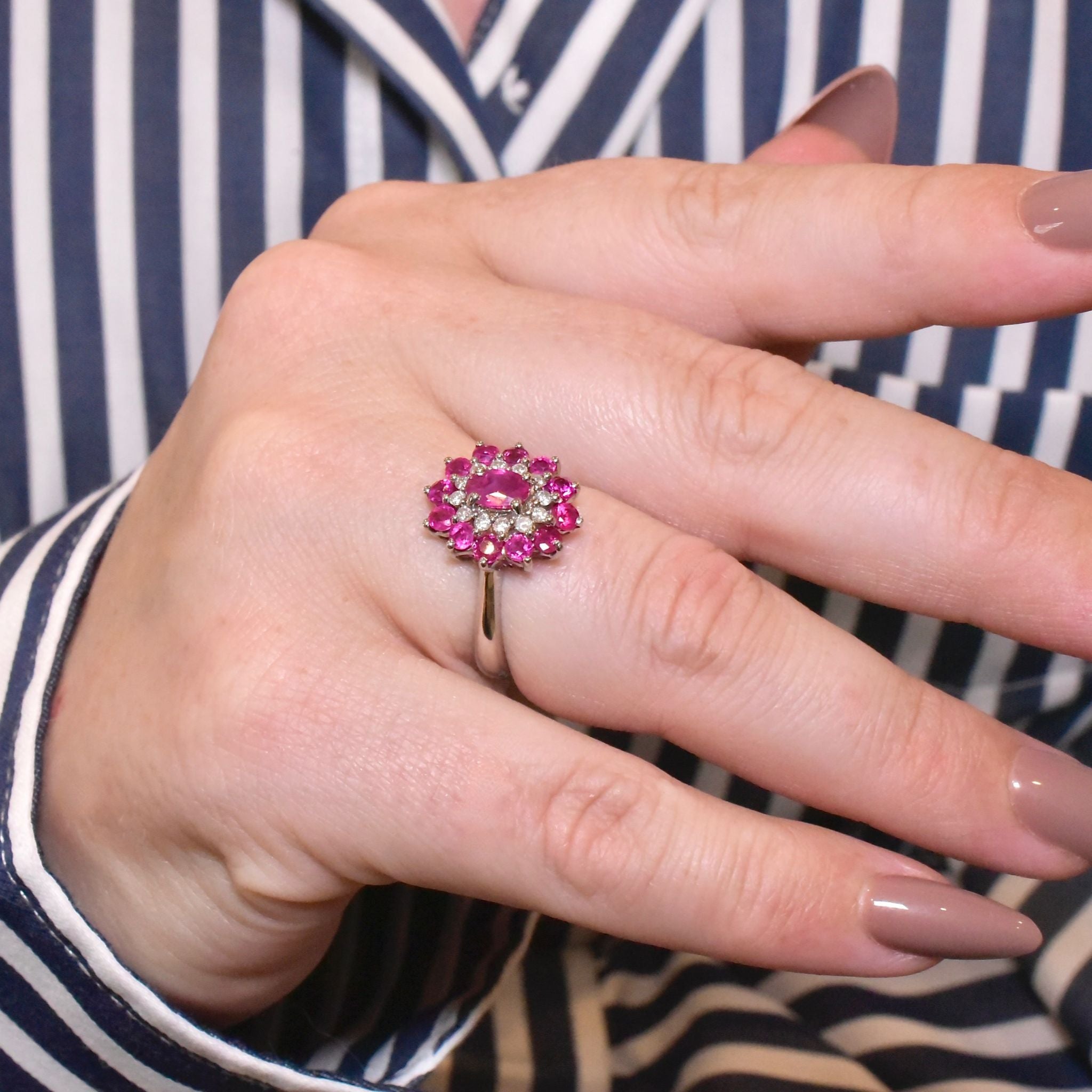 Fabulous 18ct White Gold Ruby And Diamond Daisy Halo Cluster Ring Included In Purchase An 2022 NCJV Valuation For $5,800 AUD