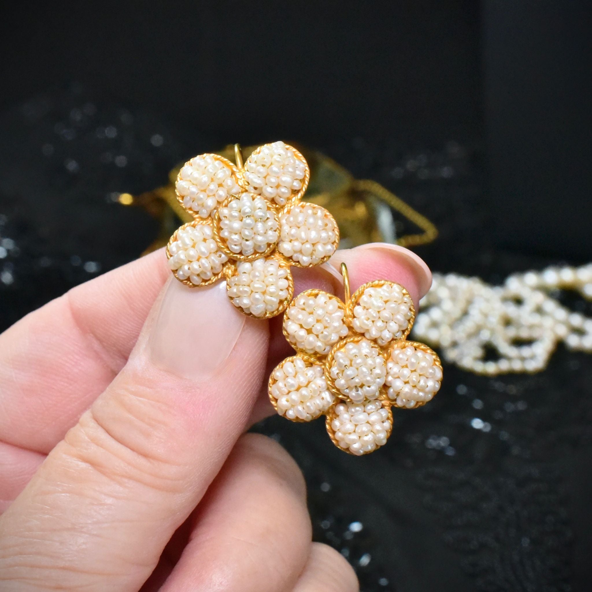 Superb 18ct Yellow Gold Seed Pearl ‘Daisy’ Earrings