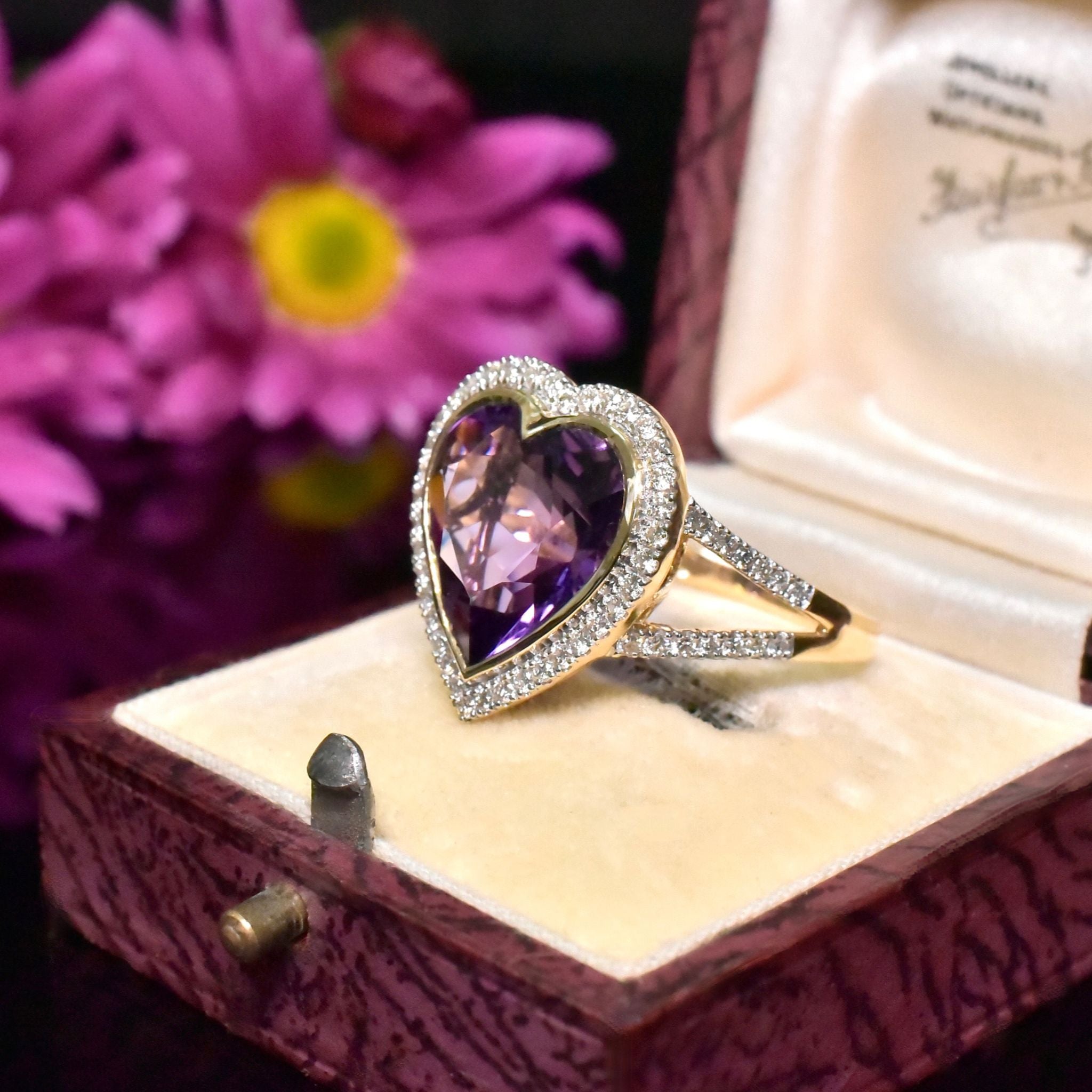 Superb 14ct Yellow Gold Heart-Cut Amethyst (6.99ct) And Diamond (0.57ct) Ring Included In Purchase Valuation For $7,659 AUD
