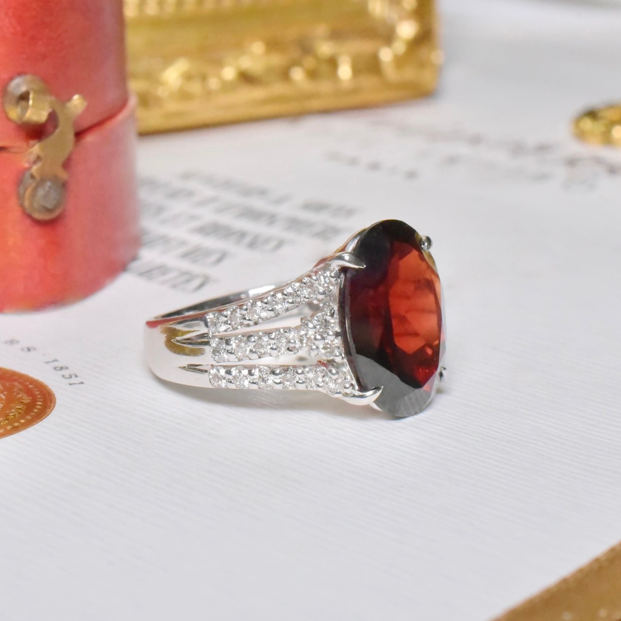 Contemporary 18ct White Gold Almadine Garnet (5.95ct) And Diamond (0.60ct) Ring Included In Purchase Valuation For $7,916 AUD