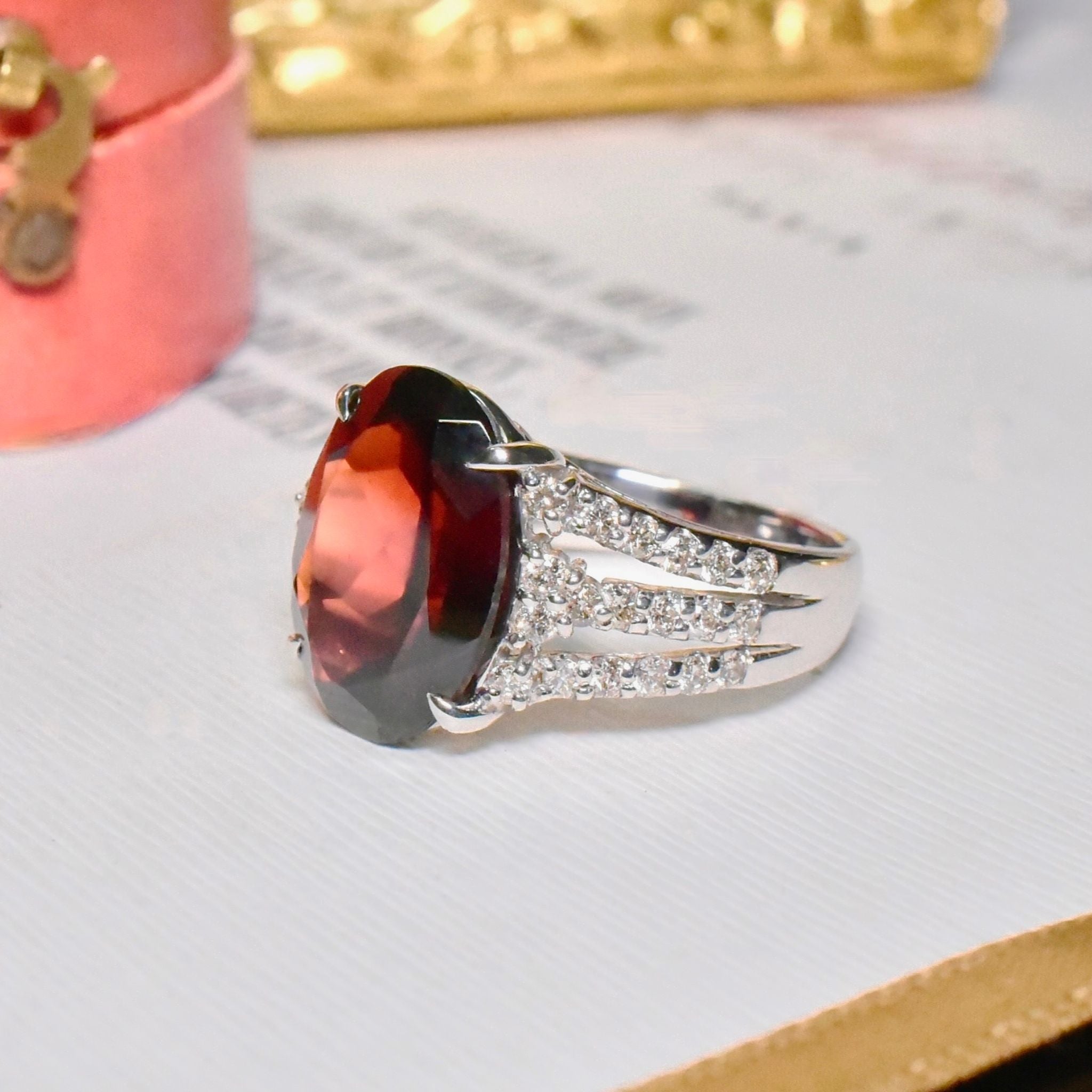 Contemporary 18ct White Gold Almadine Garnet (5.95ct) And Diamond (0.60ct) Ring Included In Purchase Valuation For $7,916 AUD