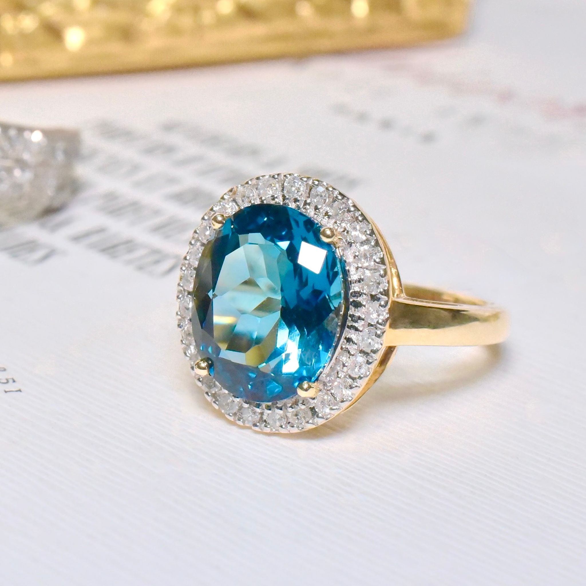 Modern 9ct Yellow Gold London Blue Topaz And Diamond Ring - Birmingham 2008