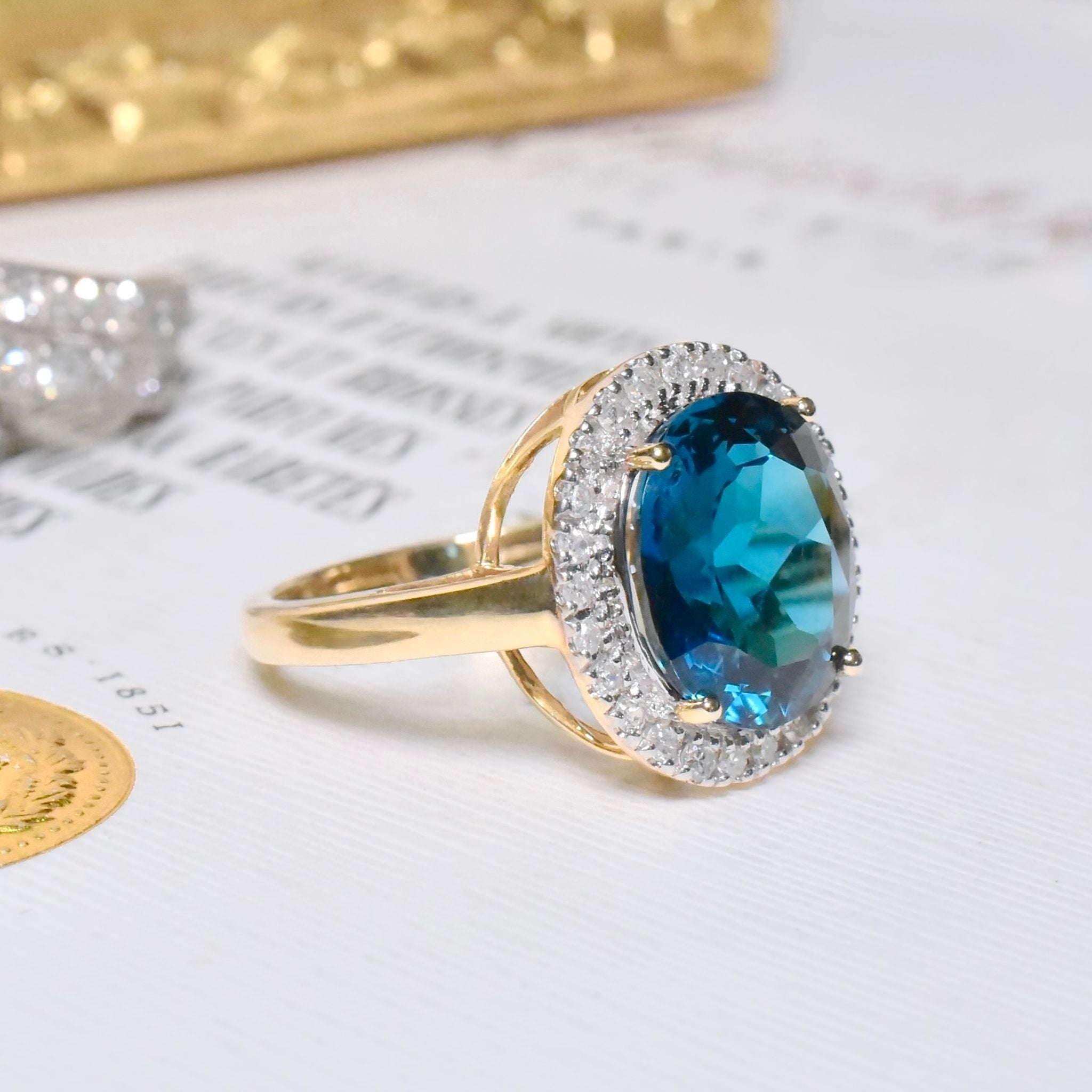 Modern 9ct Yellow Gold London Blue Topaz And Diamond Ring - Birmingham 2008