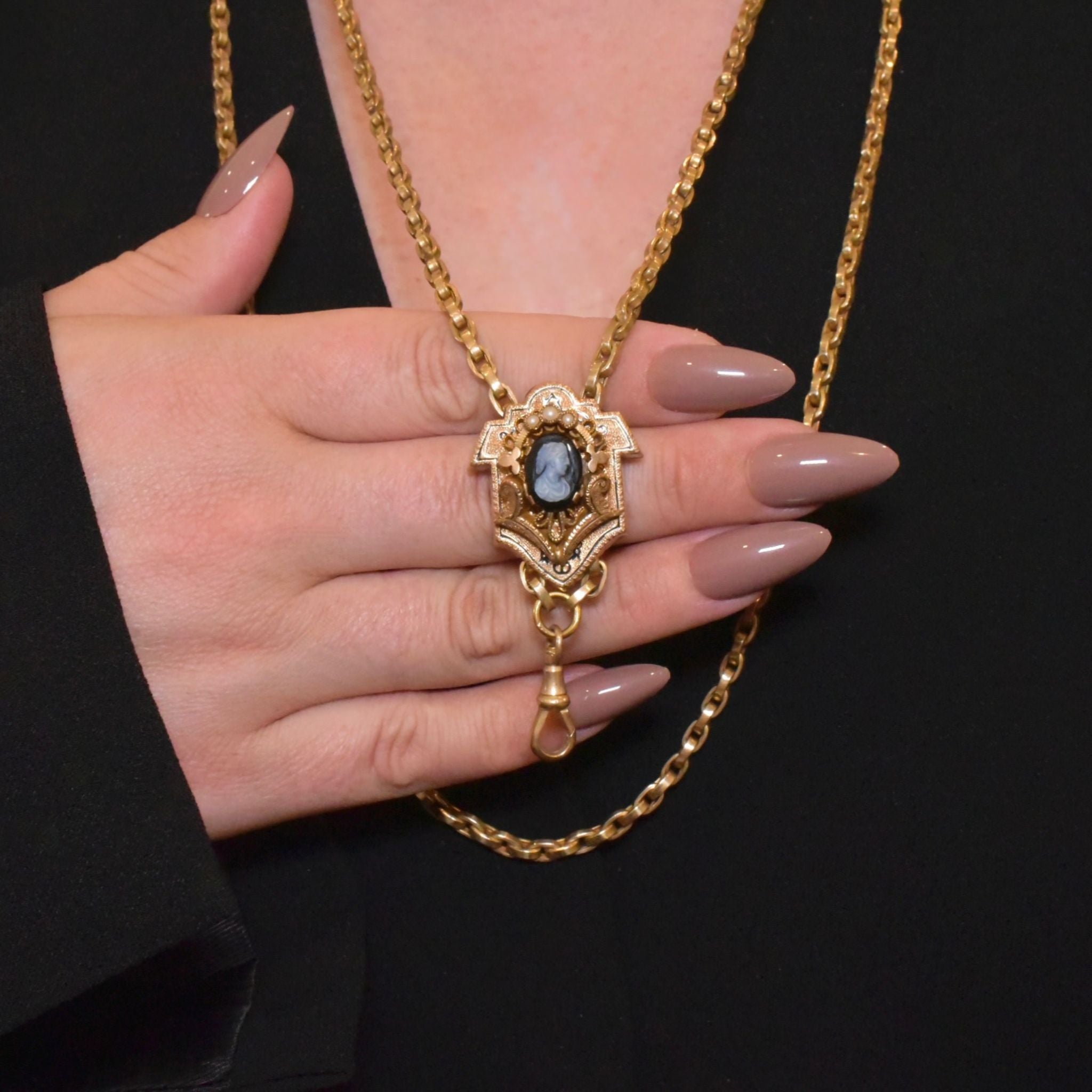 Antique Victorian/Early Edwardian *Rolled Gold* Cameo Taille D’épargne Slide Chain