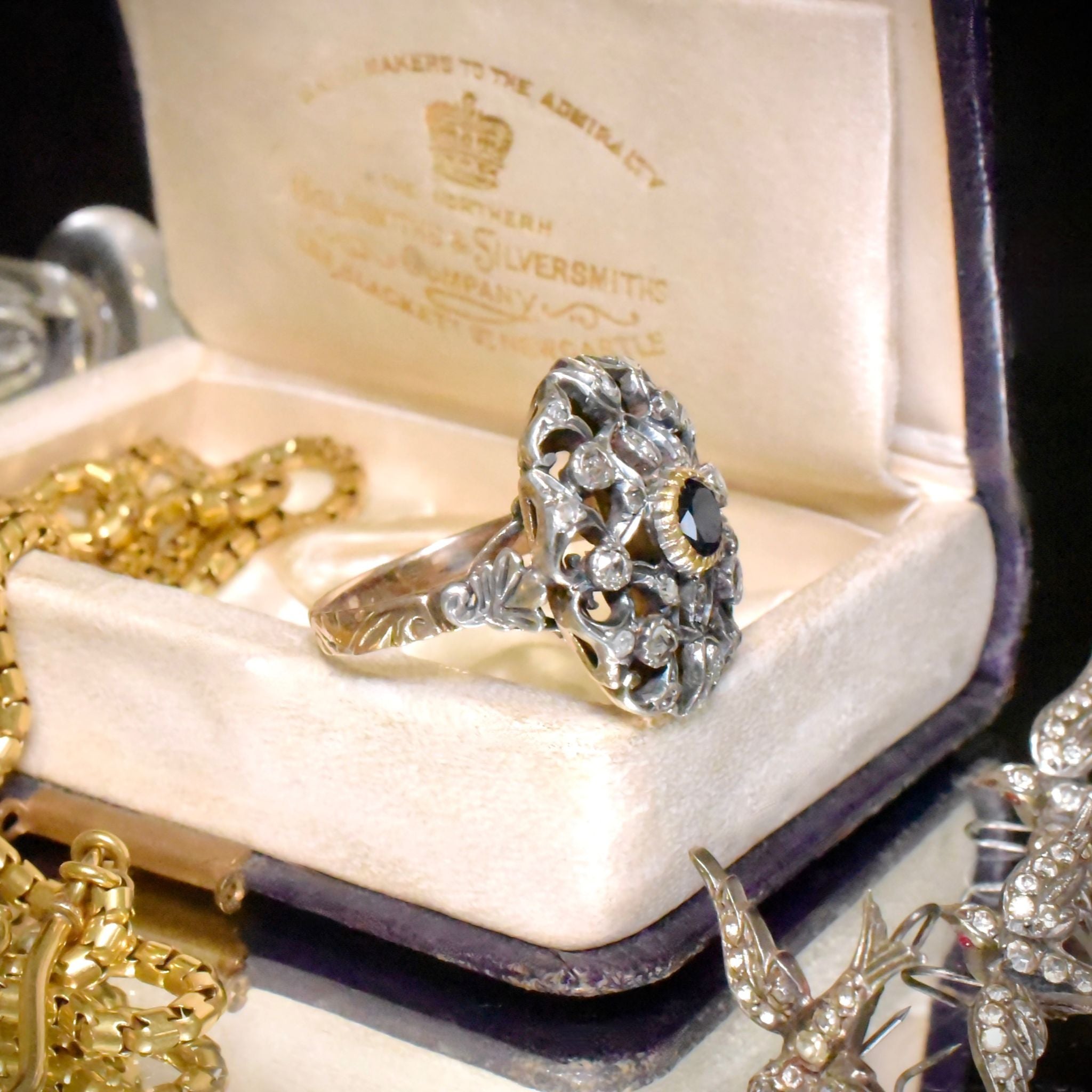 Amazing Italian Mid 20th Century Antique Revival 10ct Yellow Gold Sapphire And Diamond Ring