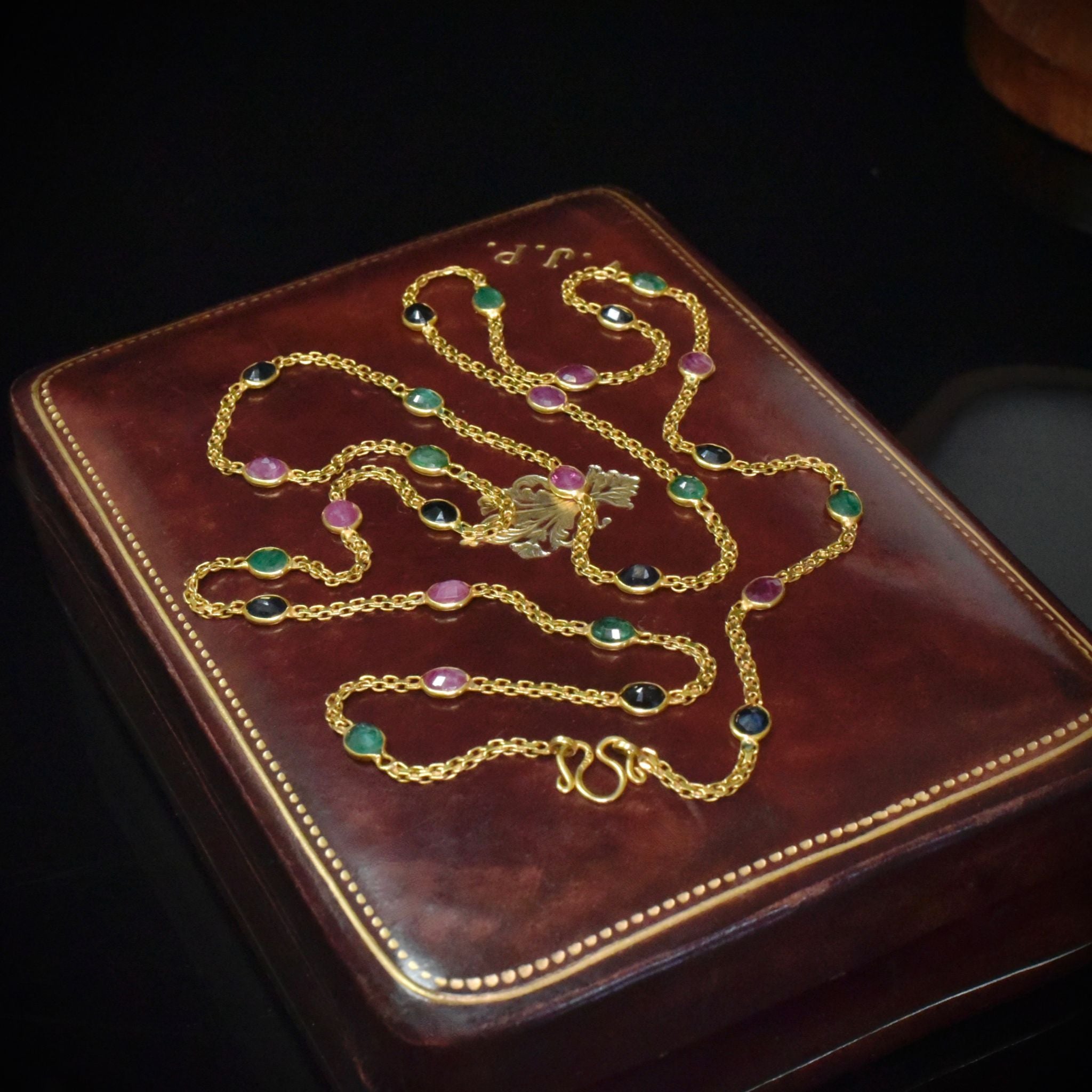 Modern 14ct Yellow Gold Emerald, Ruby And Sapphire ‘Station’ Necklace