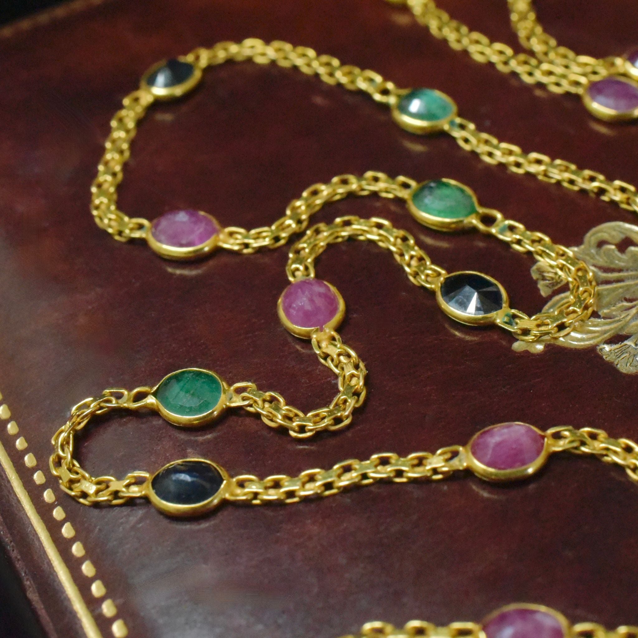 Modern 14ct Yellow Gold Emerald, Ruby And Sapphire ‘Station’ Necklace