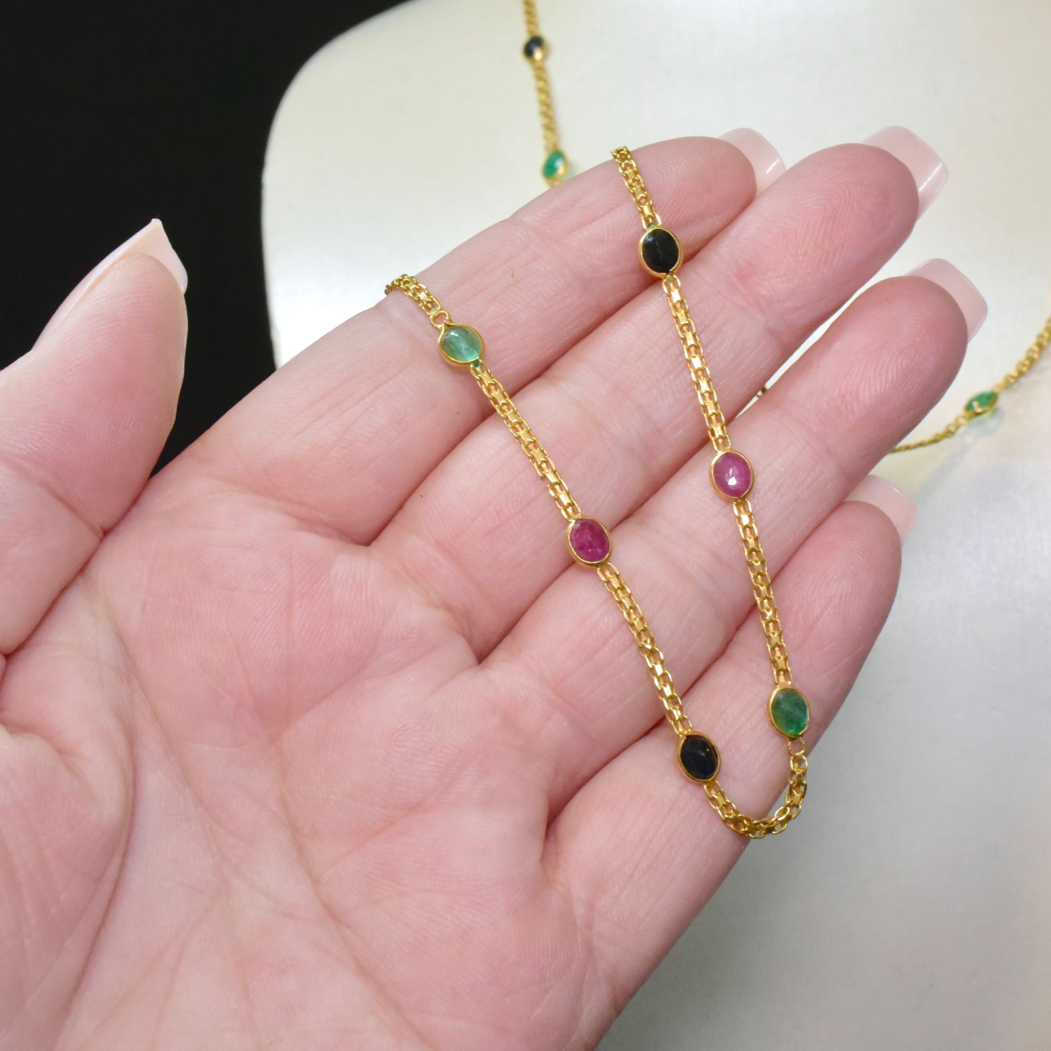 Modern 14ct Yellow Gold Emerald, Ruby And Sapphire ‘Station’ Necklace