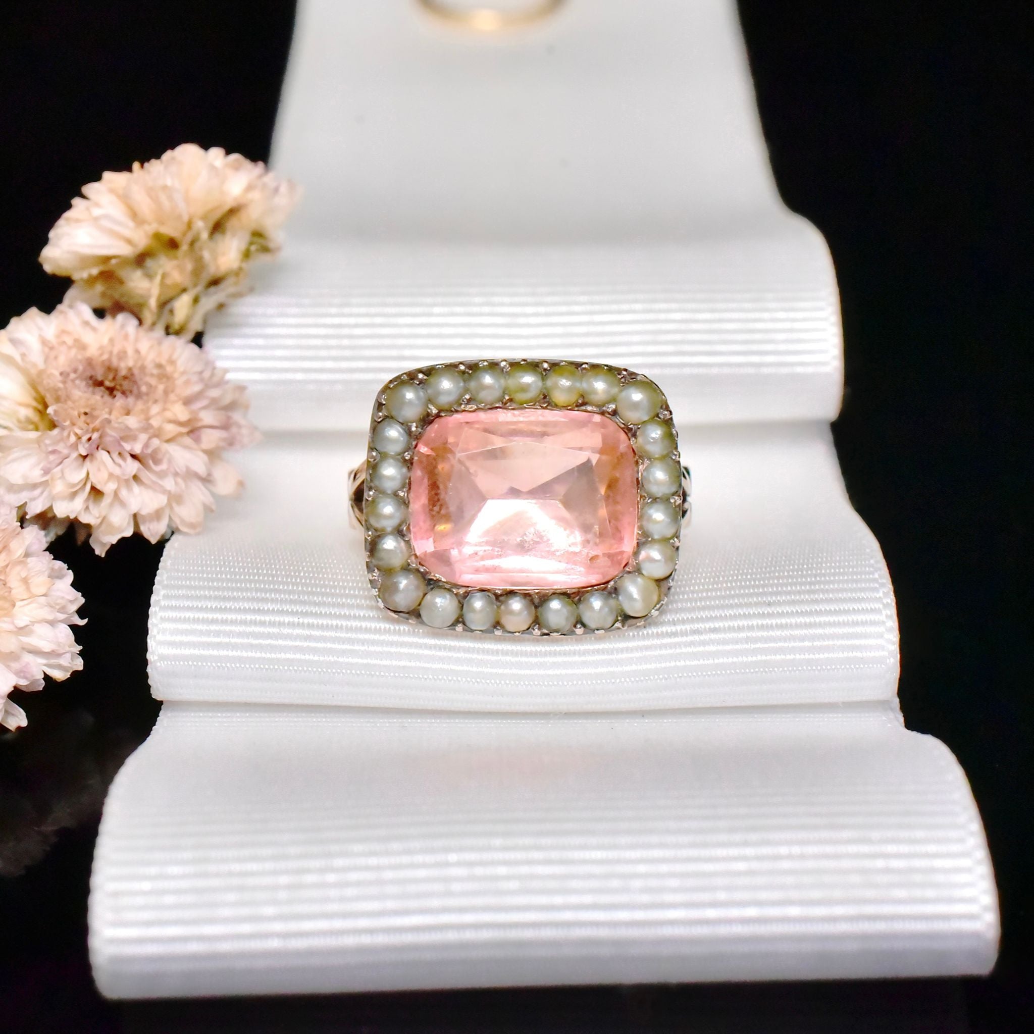 Exquisite Georgian 12ct Yellow Gold Pink Paste/Glass And Natural Half Seed Pearl Ring - Circa 1800-1820’s