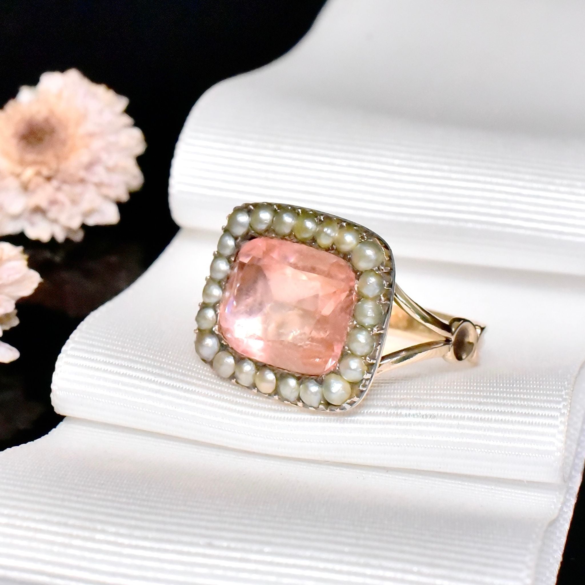 Exquisite Georgian 12ct Yellow Gold Pink Paste/Glass And Natural Half Seed Pearl Ring - Circa 1800-1820’s