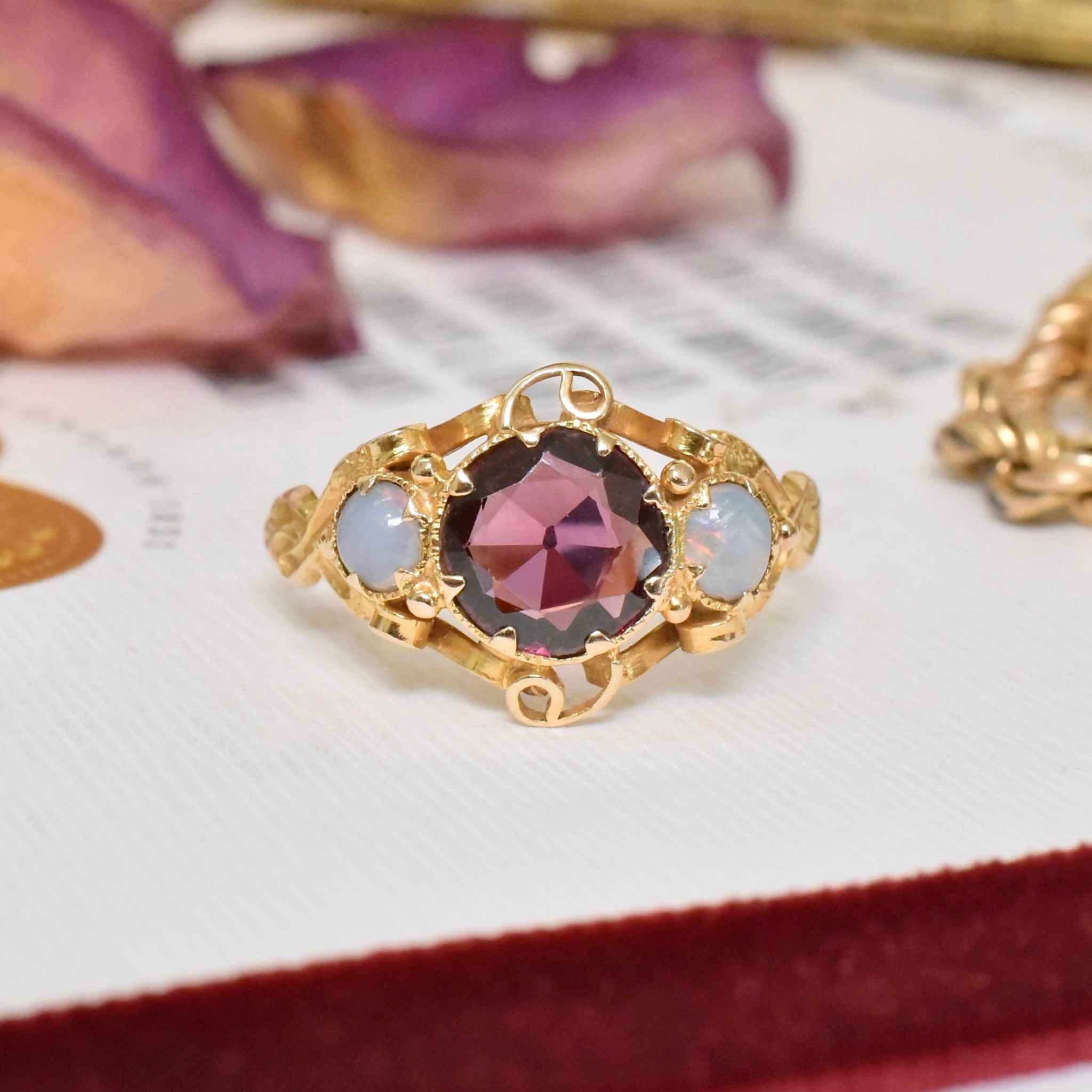 Stunning Antique Victorian 15ct (and 9ct) Yellow Gold Garnet And Opal Ring Circa 1870-1890