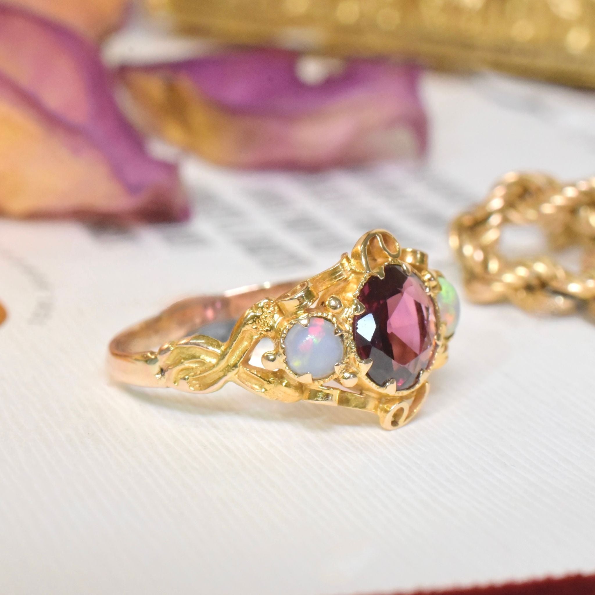 Stunning Antique Victorian 15ct (and 9ct) Yellow Gold Garnet And Opal Ring Circa 1870-1890
