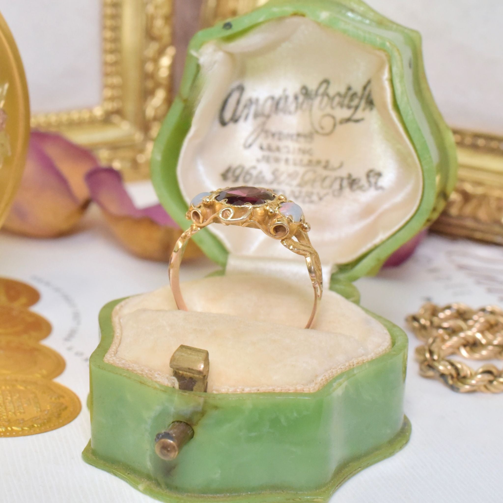 Stunning Antique Victorian 15ct (and 9ct) Yellow Gold Garnet And Opal Ring Circa 1870-1890