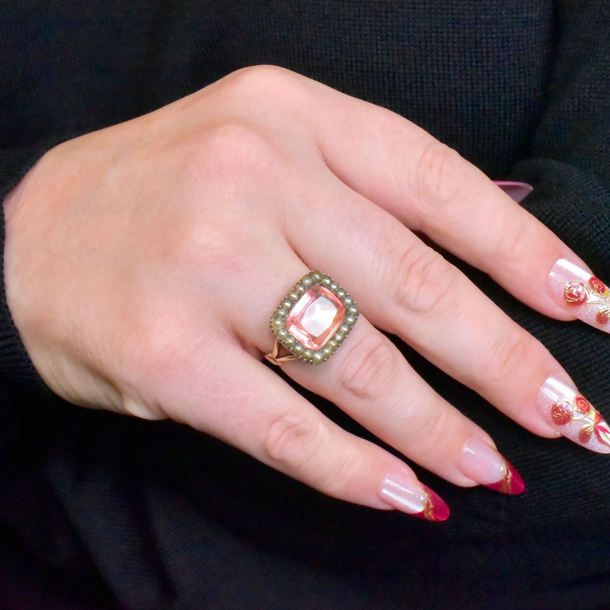 Exquisite Georgian 12ct Yellow Gold Pink Paste/Glass And Natural Half Seed Pearl Ring - Circa 1800-1820’s