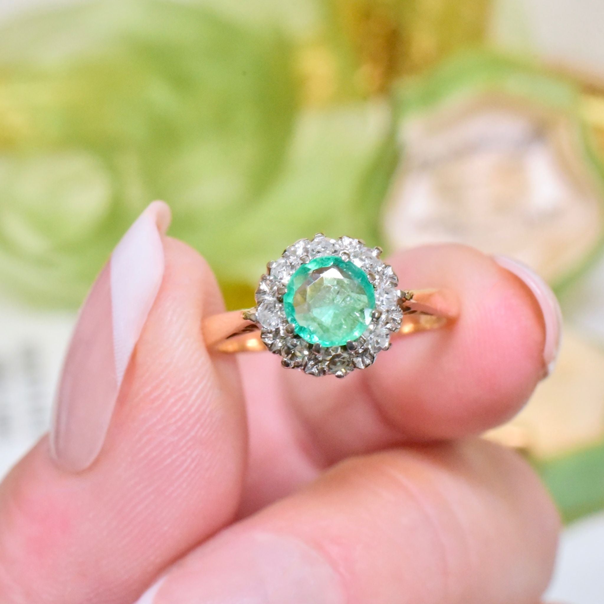Antique Edwardian 18ct Yellow Gold Emerald And Diamond ‘Daisy’ Halo Ring