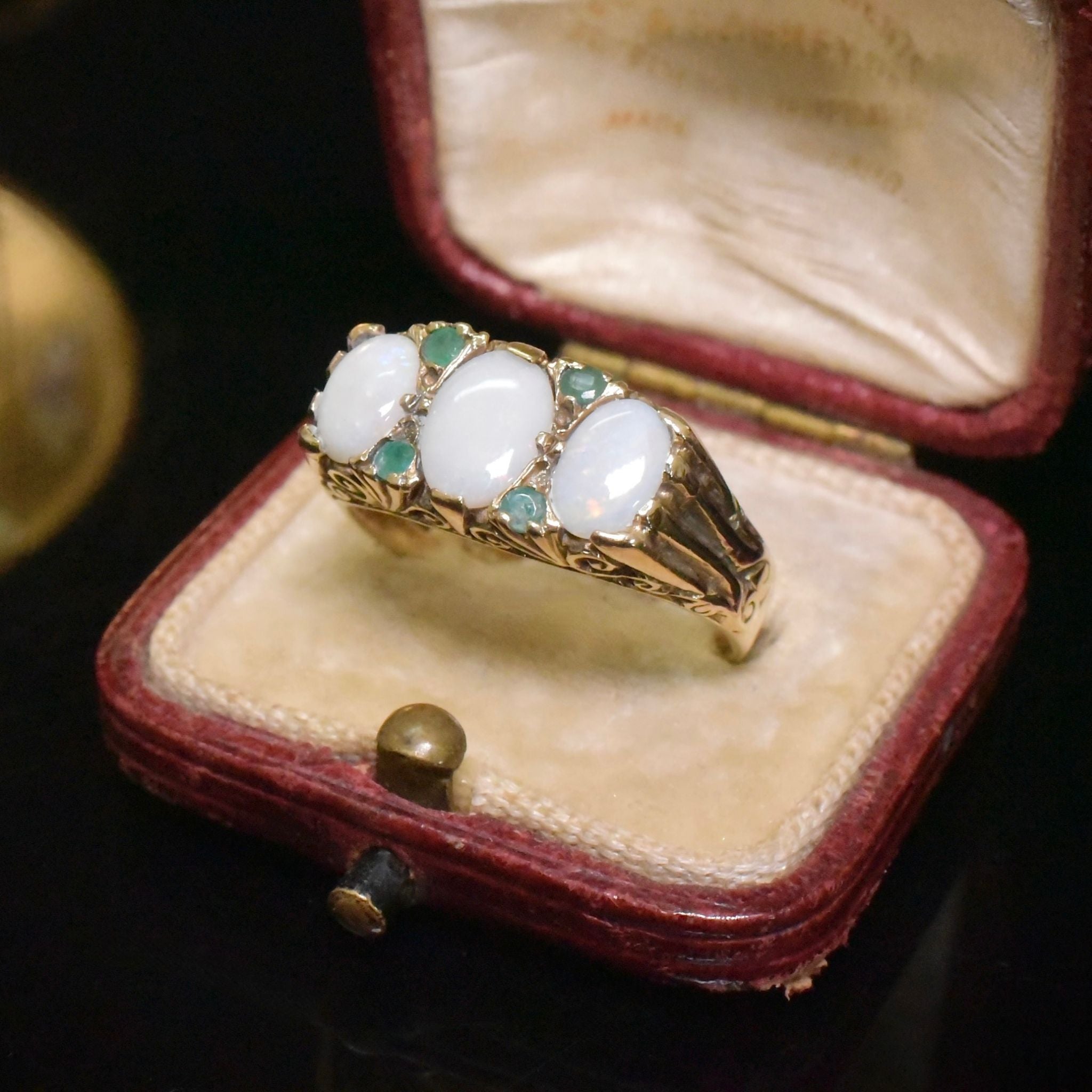 Vintage 9ct Yellow Gold Opal And Emerald Bridge Ring- London 1979