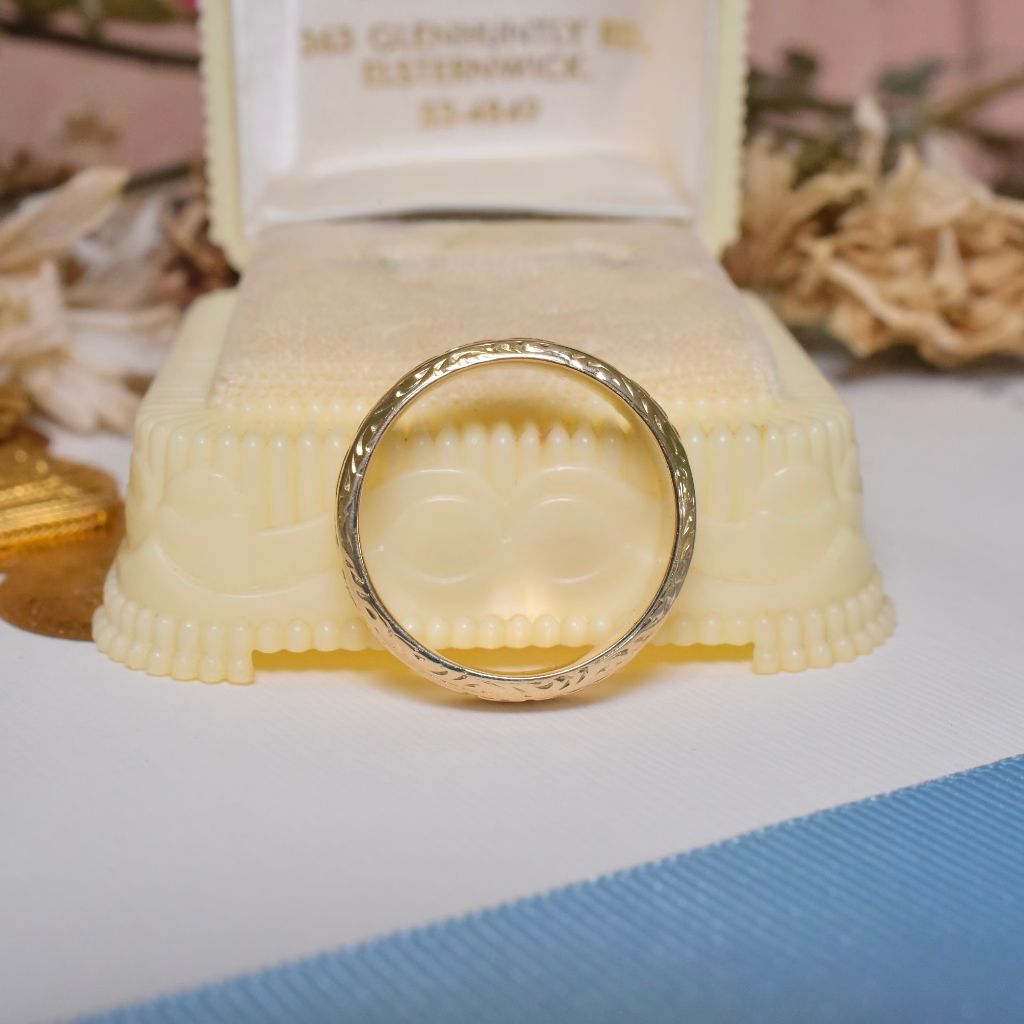 Vintage Australian 18ct Yellow Gold Patterned ‘Cherry Blossom’ Band By ‘RODD’ Circa 1950-60’s