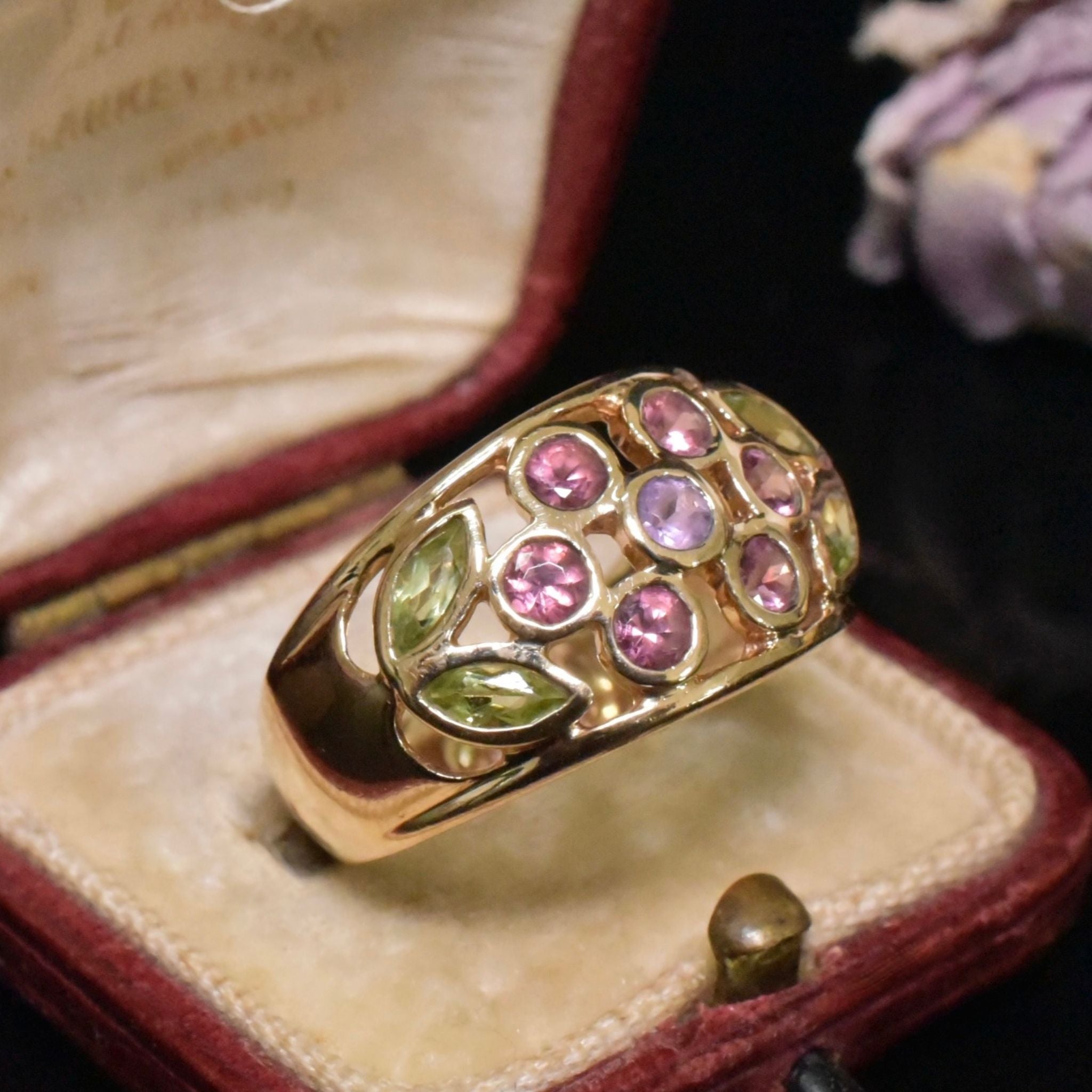 Charming 9ct Yellow Gold Amethyst, Garnet & Peridot Floral Ring