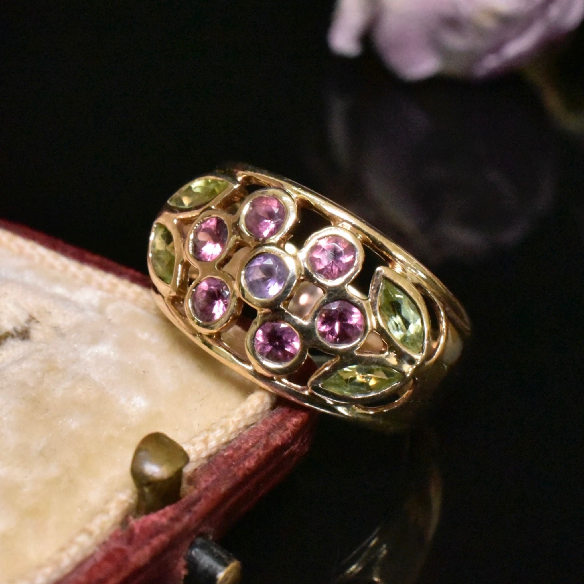 Charming 9ct Yellow Gold Amethyst, Garnet & Peridot Floral Ring