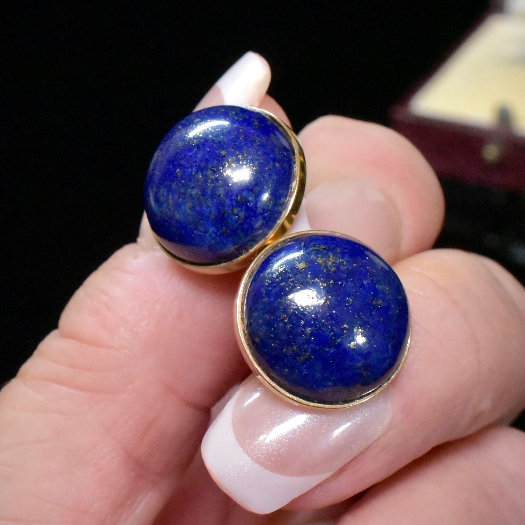 Vintage 9ct Yellow Gold Lapis Lazuli Cabochon Earrings