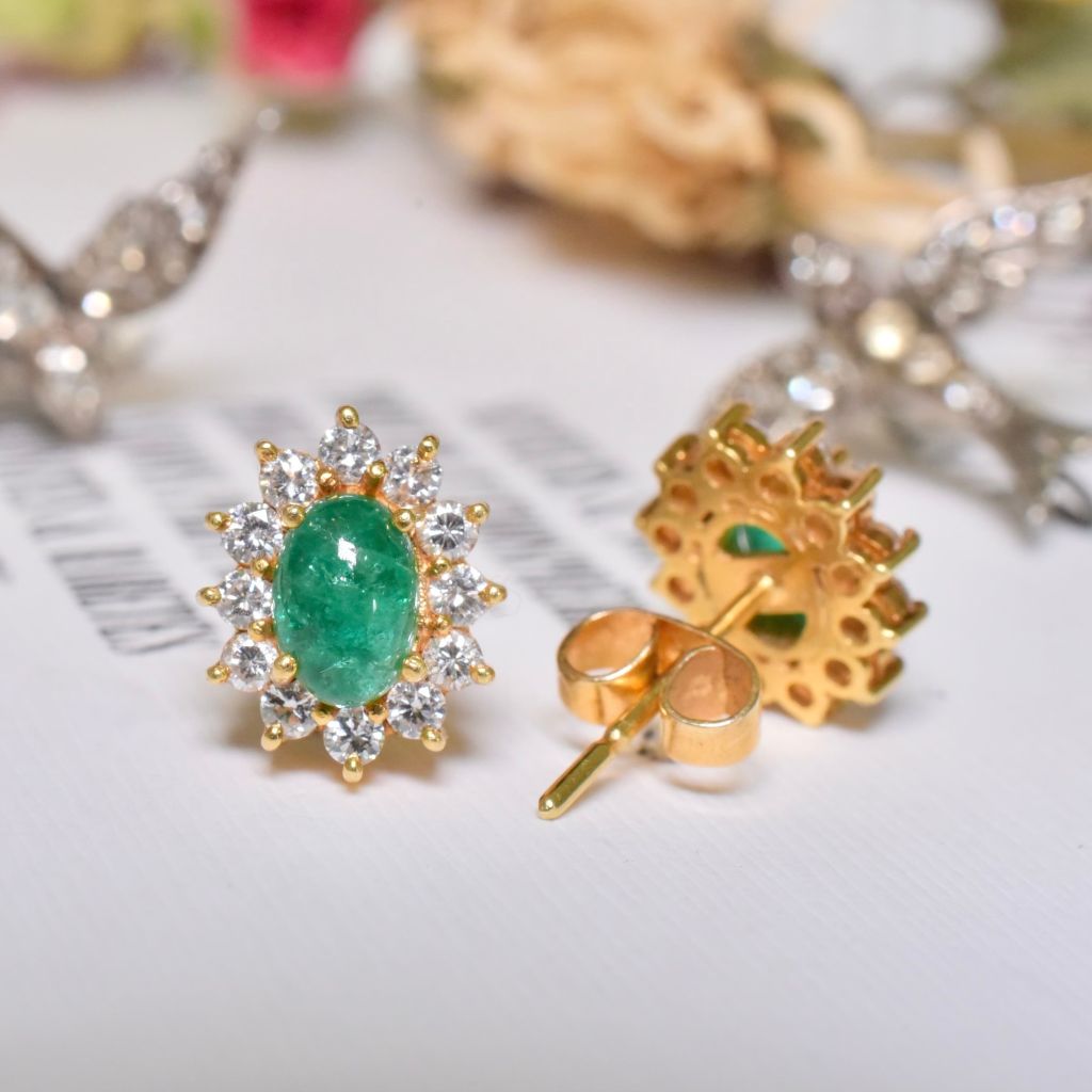 Contemporary 18ct Gold Emerald Cabochon And Diamond Earrings