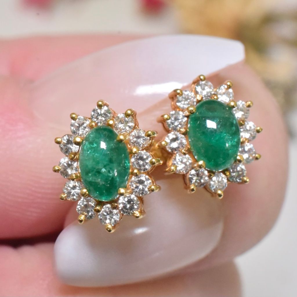 Contemporary 18ct Gold Emerald Cabochon And Diamond Earrings