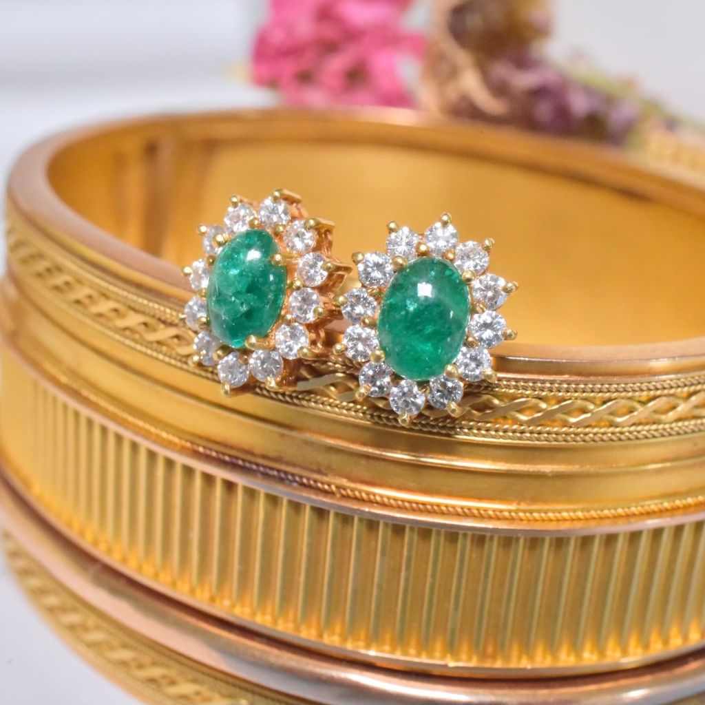 Contemporary 18ct Gold Emerald Cabochon And Diamond Earrings