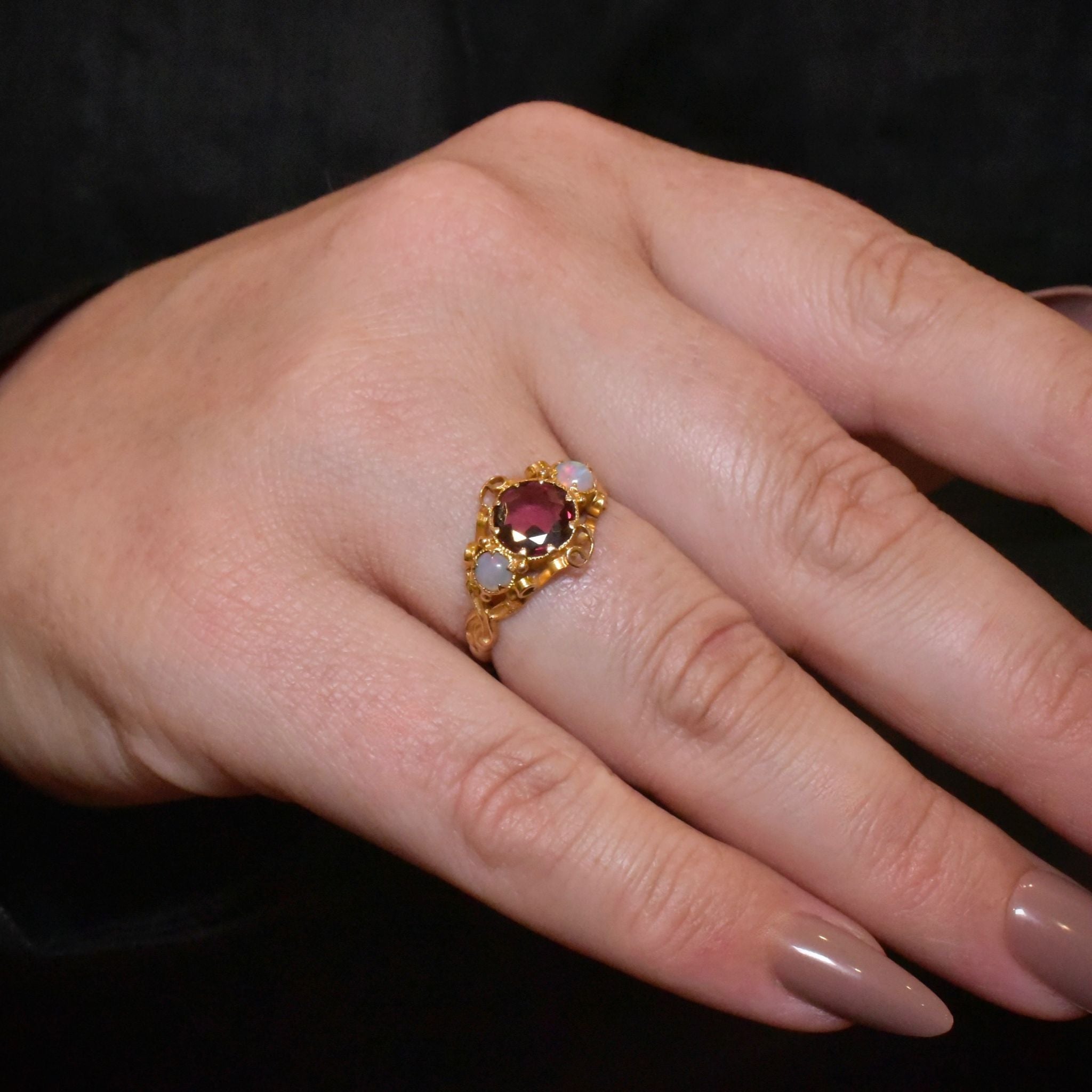 Stunning Antique Victorian 15ct (and 9ct) Yellow Gold Garnet And Opal Ring Circa 1870-1890