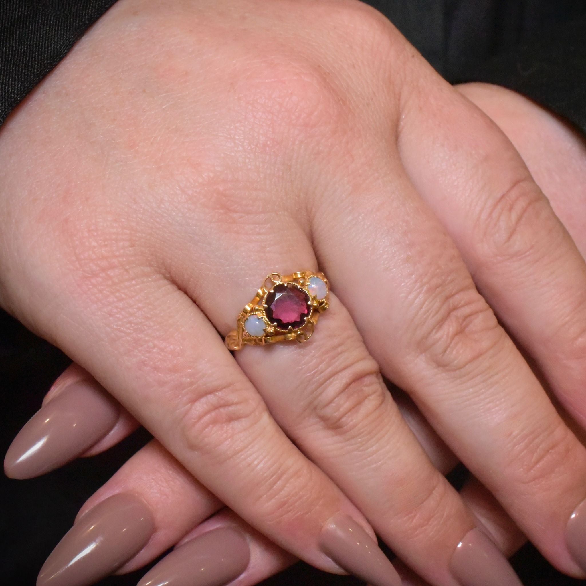 Stunning Antique Victorian 15ct (and 9ct) Yellow Gold Garnet And Opal Ring Circa 1870-1890